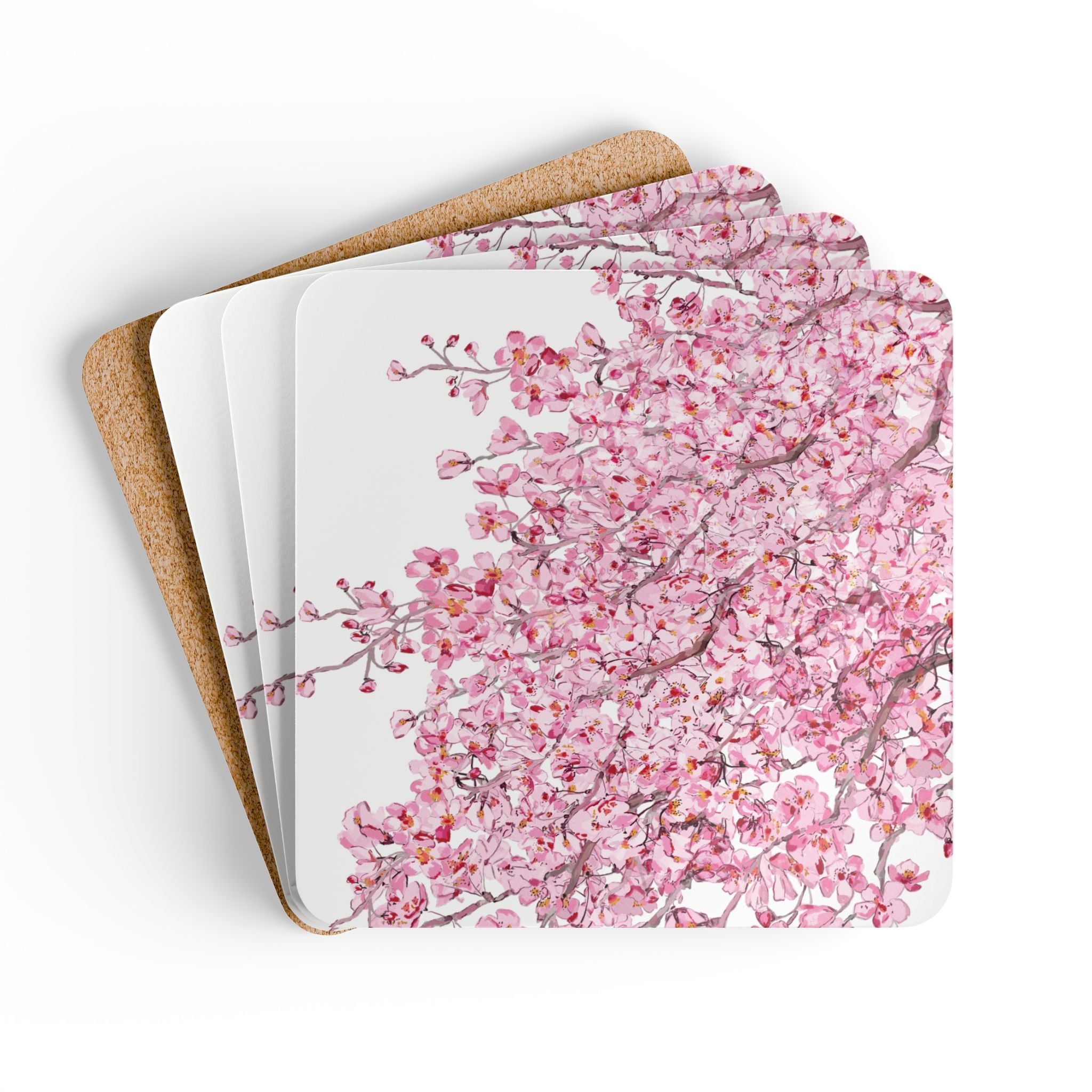 Cherry Blossom Cork Coaster Set - Elegant Drinkware Protection - Blue Cava