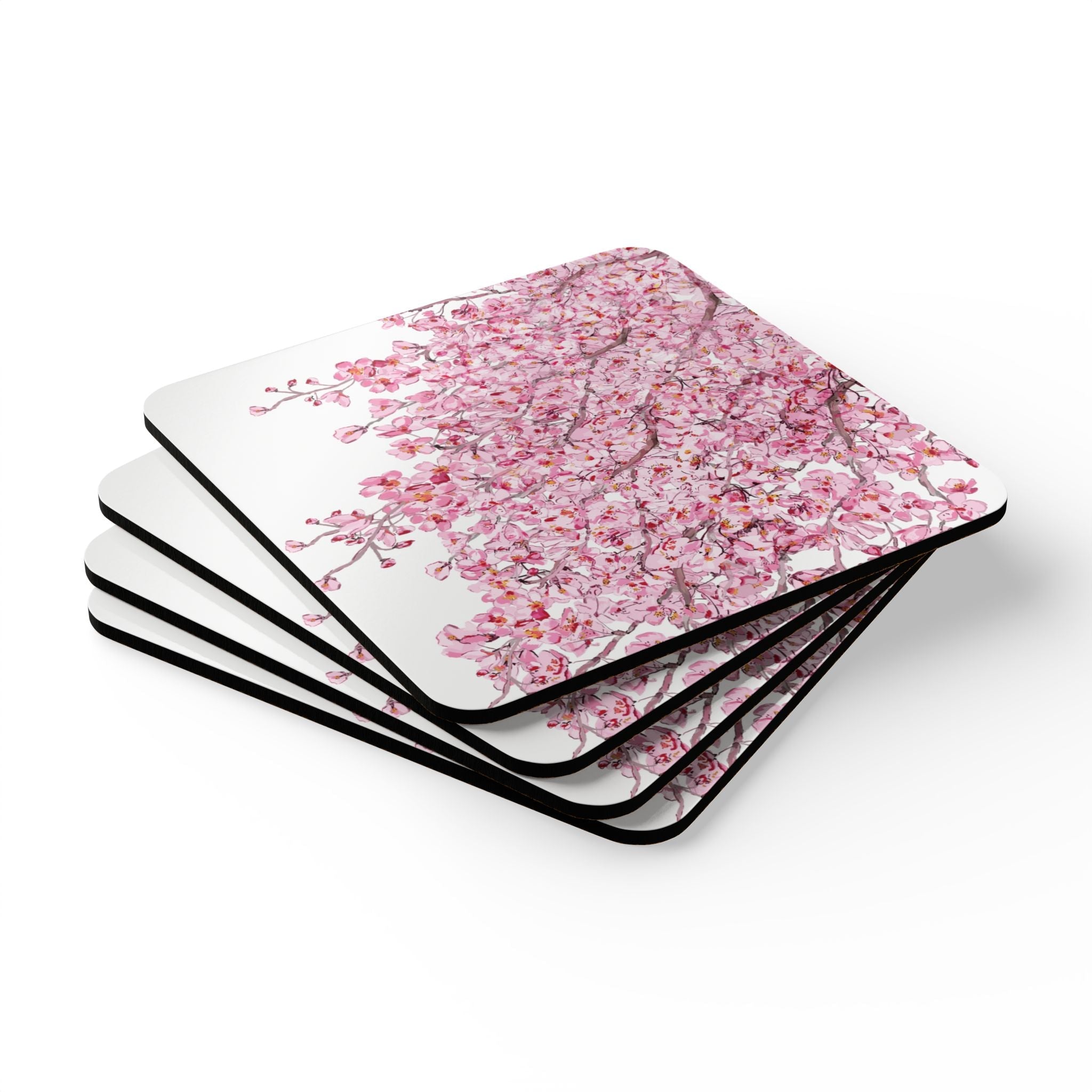 Cherry Blossom Cork Coaster Set - Elegant Drinkware Protection - Blue Cava