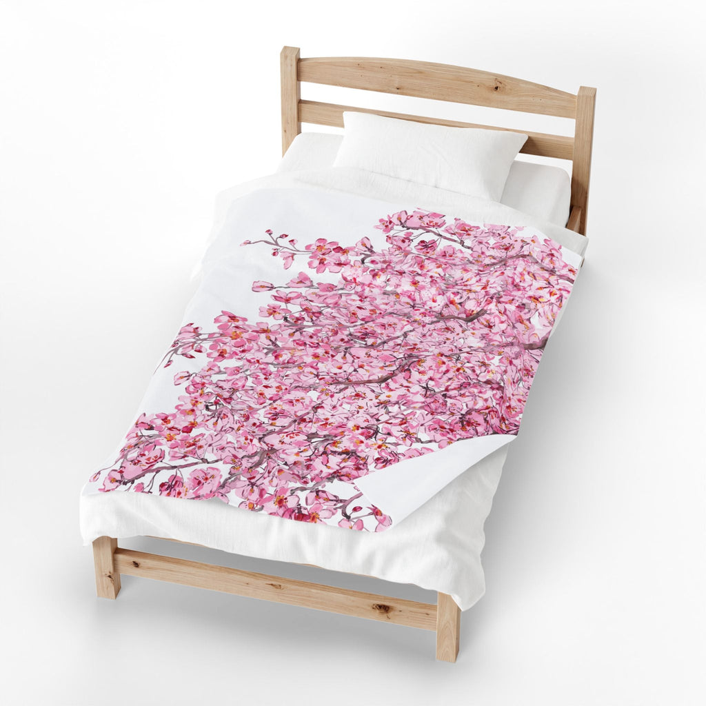 Cherry Blossom Velvet Plush Blankets - Cozy and Elegant Floral Throw - Blue Cava