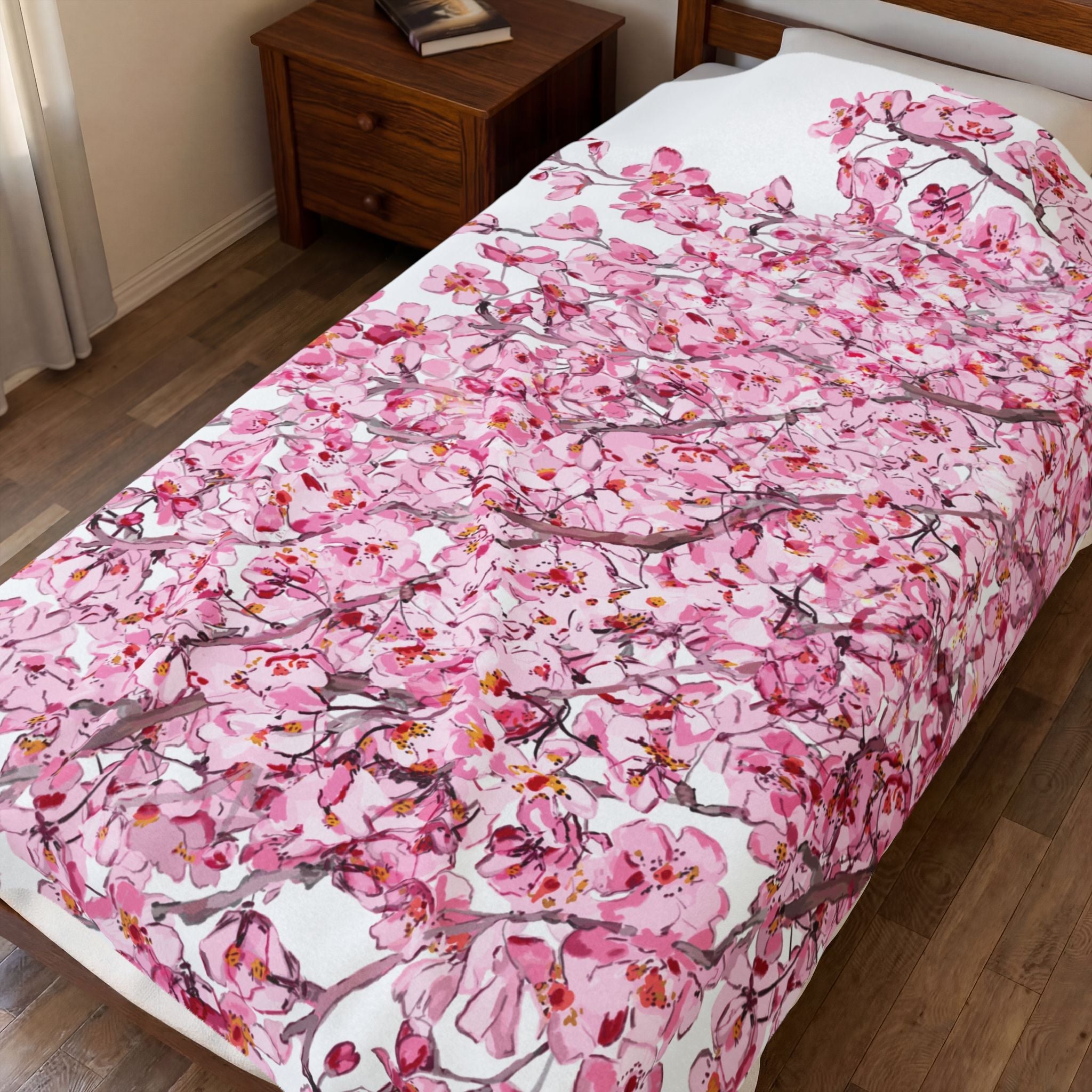 Cherry Blossom Velvet Plush Blankets - Cozy and Elegant Floral Throw - Blue Cava