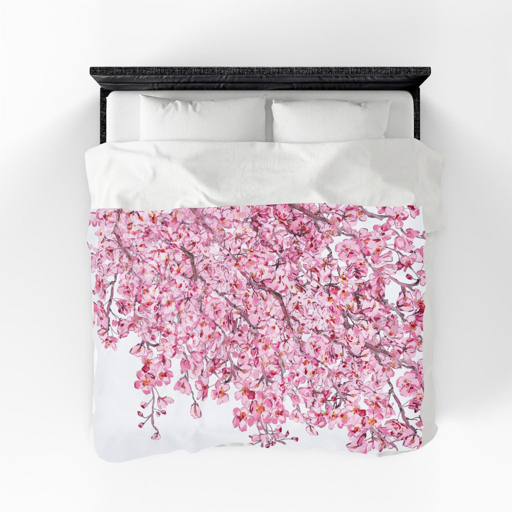 Cherry Blossom Velvet Plush Blankets - Cozy and Elegant Floral Throw - Blue Cava