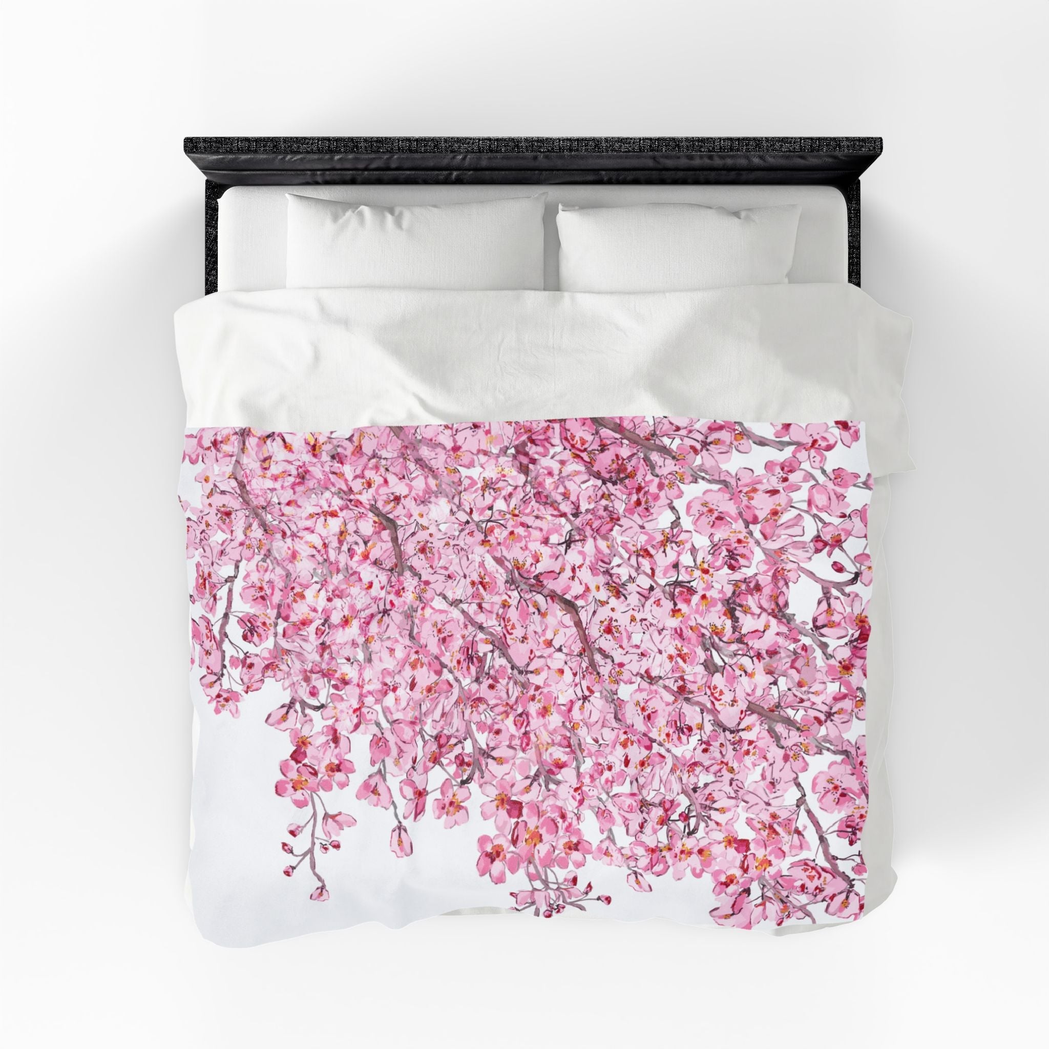 Cherry Blossom Velvet Plush Blankets - Cozy and Elegant Floral Throw - Blue Cava