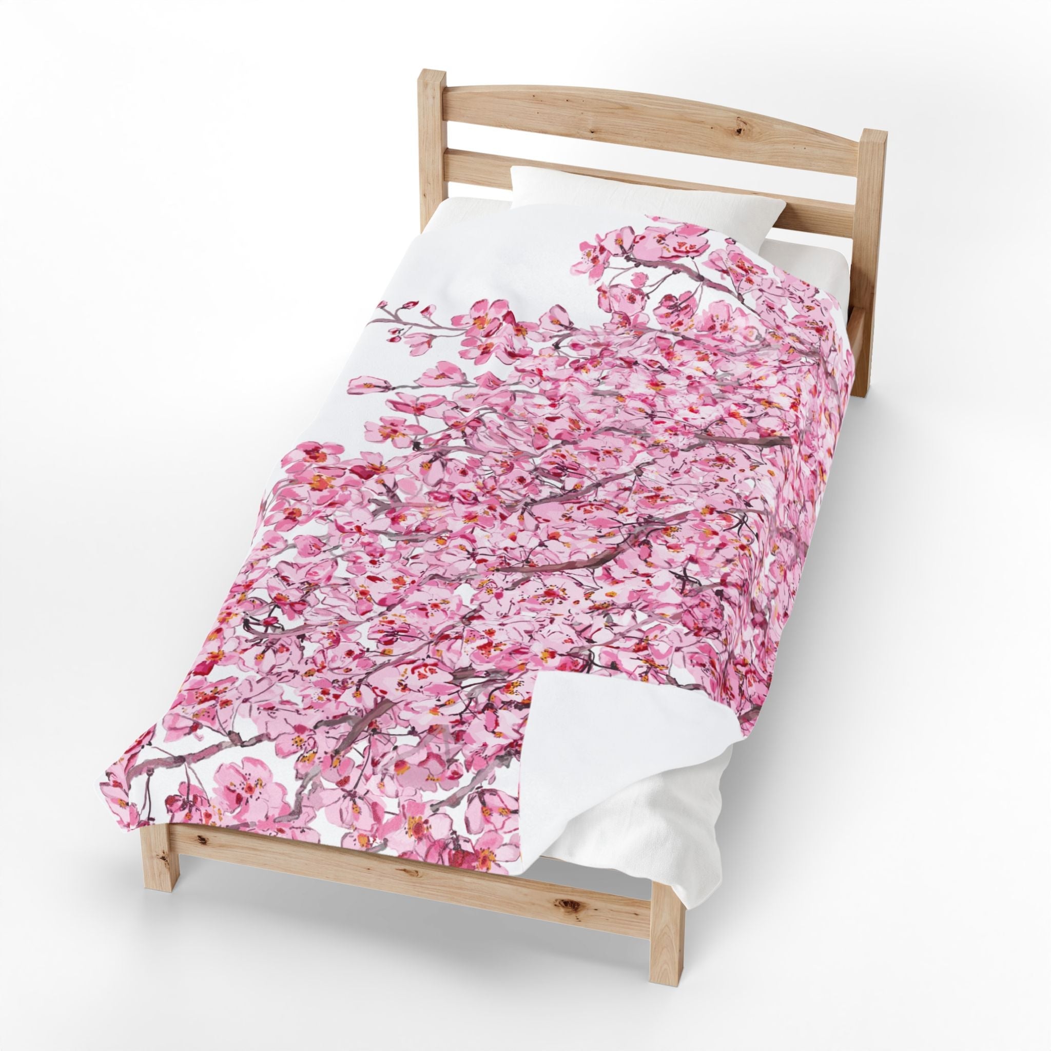 Cherry Blossom Velvet Plush Blankets - Cozy and Elegant Floral Throw - Blue Cava