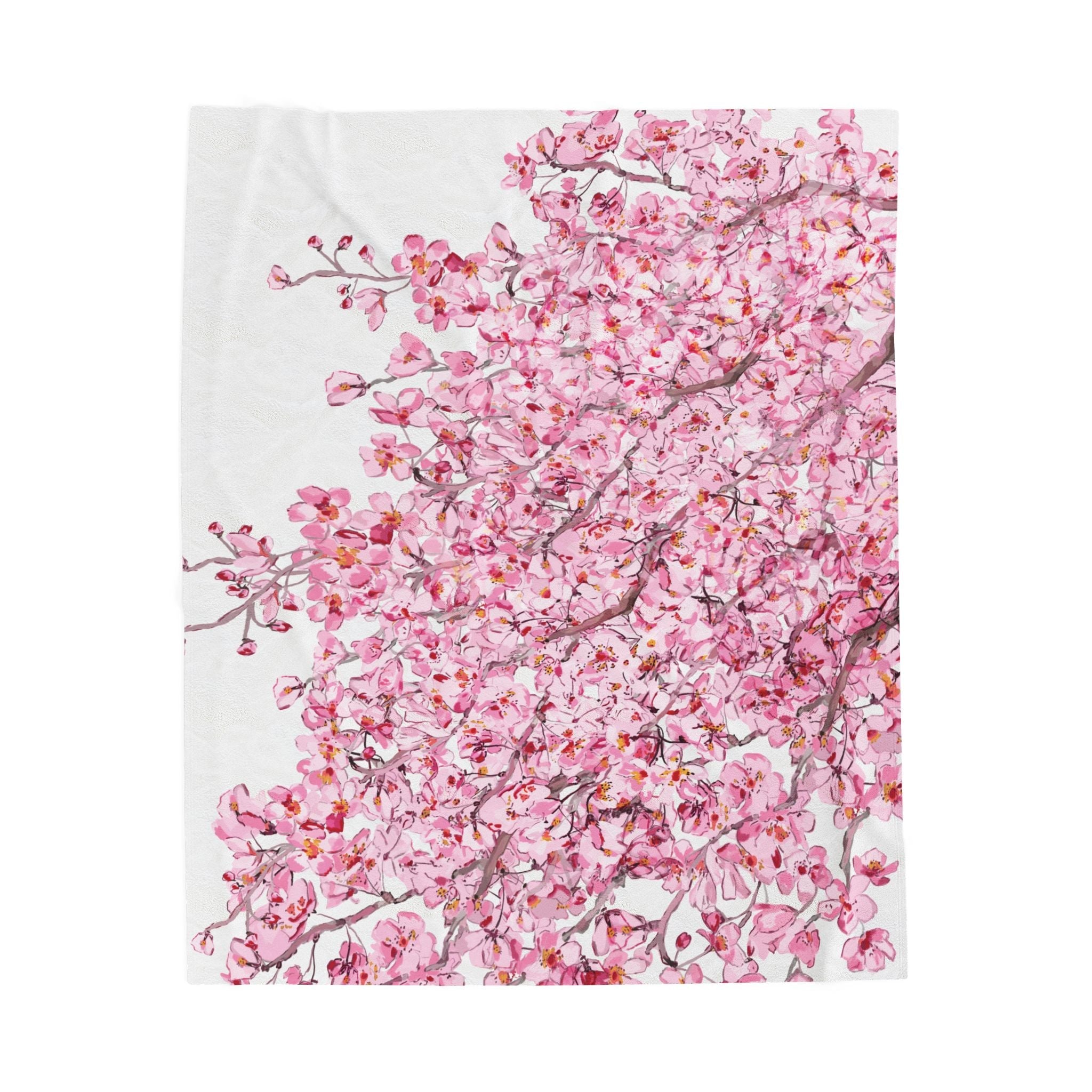 Cherry Blossom Velvet Plush Blankets - Cozy and Elegant Floral Throw - Blue Cava