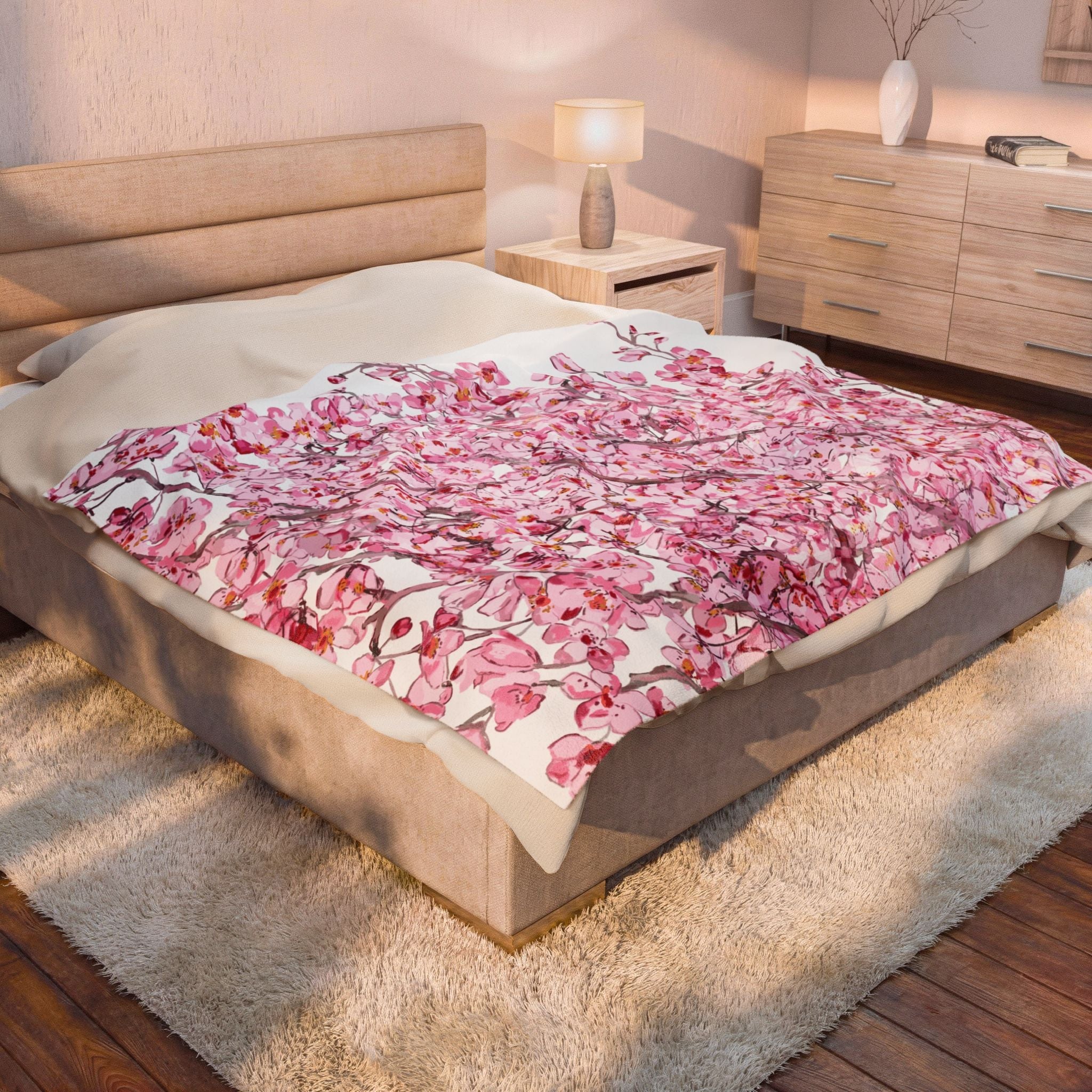 Cherry Blossom Velvet Plush Blankets - Cozy and Elegant Floral Throw - Blue Cava