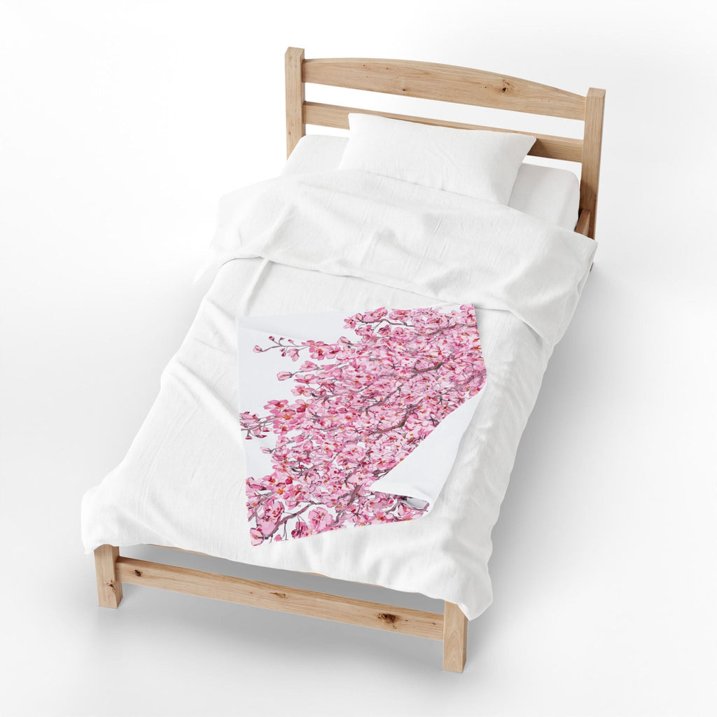 Cherry Blossom Velvet Plush Blankets - Cozy and Elegant Floral Throw - Blue Cava