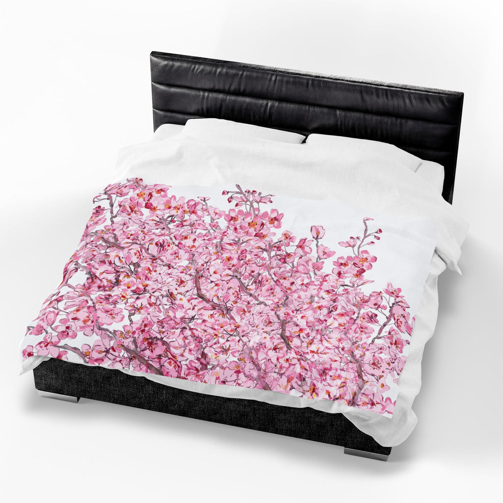 Cherry Blossom Velvet Plush Blankets - Cozy and Elegant Floral Throw - Blue Cava