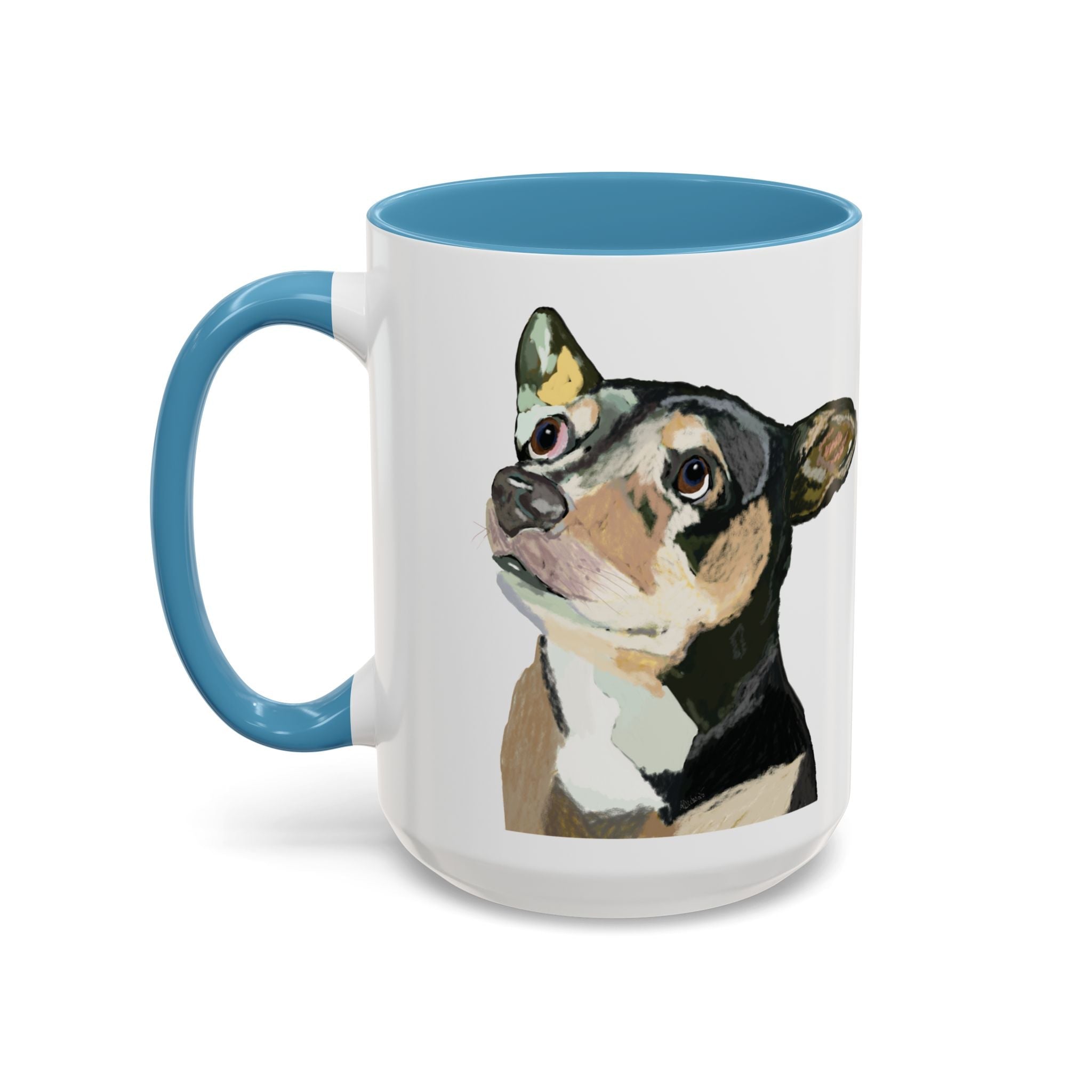 Chihuahua Two Tone Ceramic Coffee Mugs in 11 oz or 15 oz with multiple color options for the interior and handle - Blue Cava
