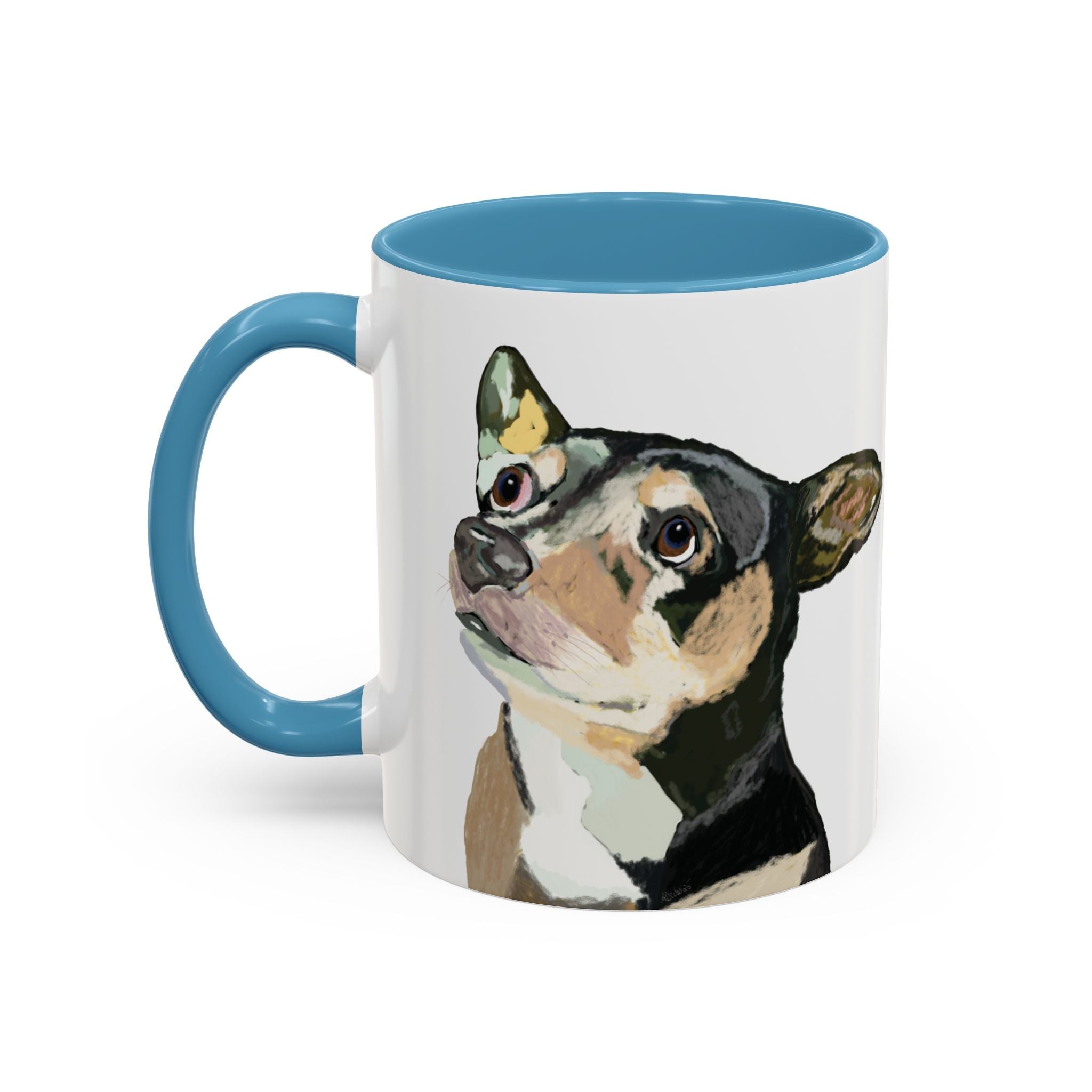 Chihuahua Two Tone Ceramic Coffee Mugs in 11 oz or 15 oz with multiple color options for the interior and handle - Blue Cava