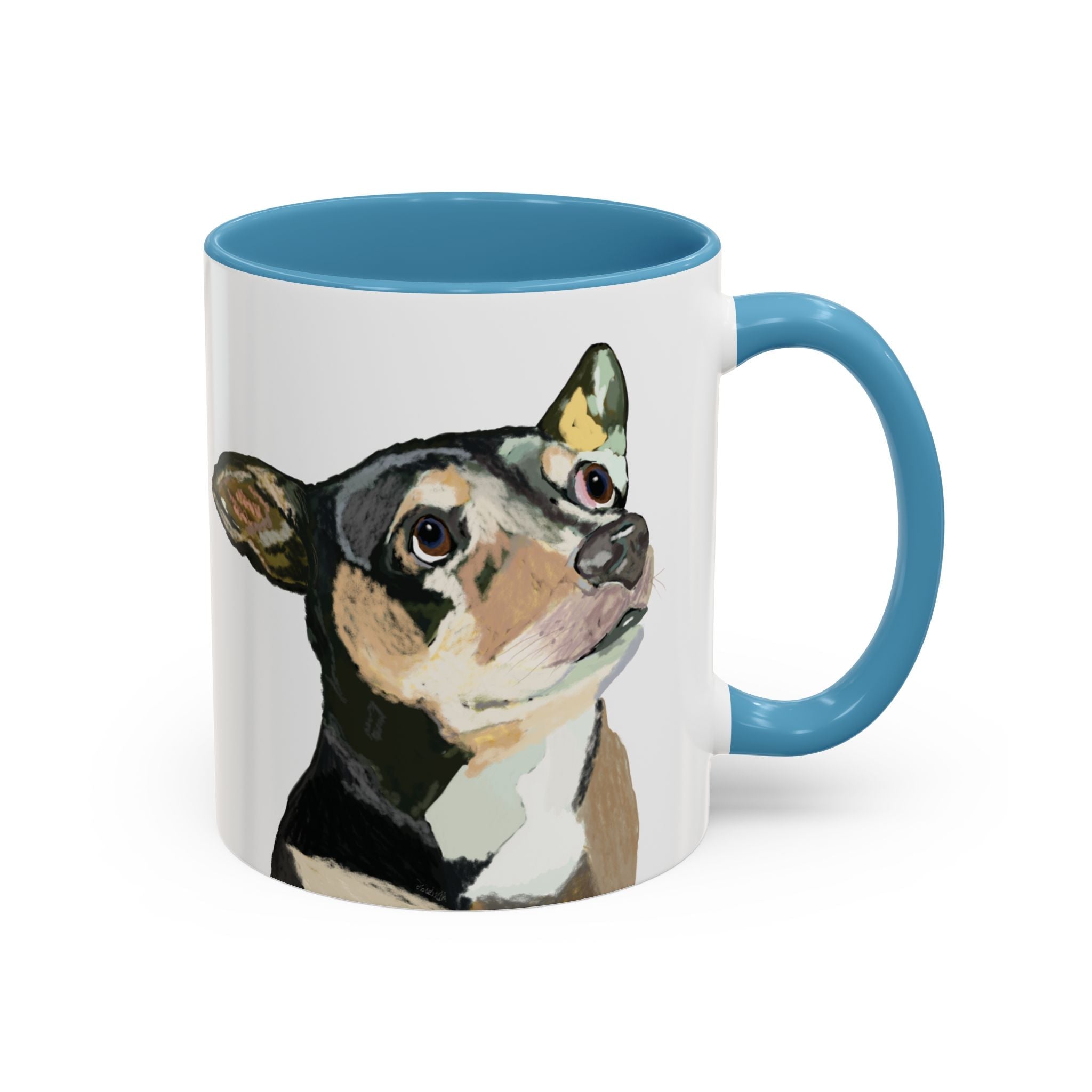 Chihuahua Two Tone Ceramic Coffee Mugs in 11 oz or 15 oz with multiple color options for the interior and handle - Blue Cava
