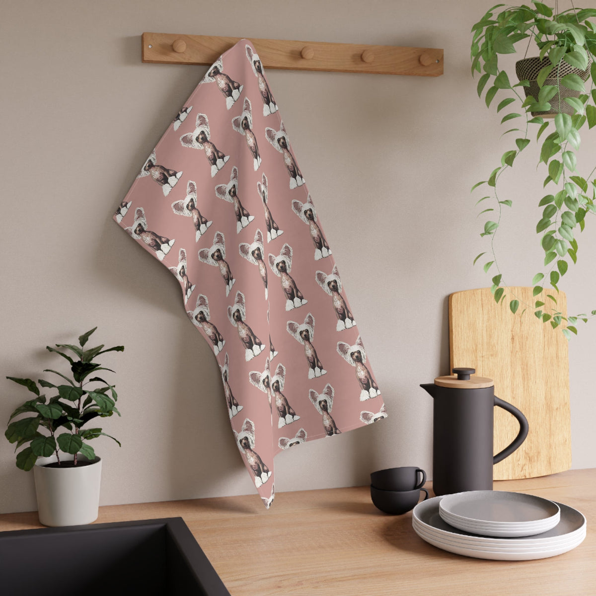 Chinese Crested Linen Kitchen Tea Towel - Blue Cava