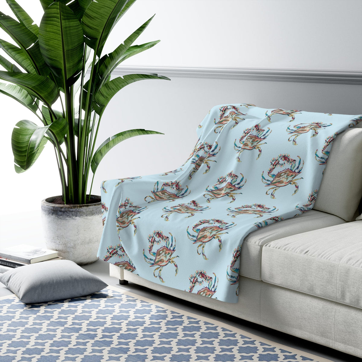 Christmas Crab Sherpa Fleece Blanket, Soft Throw for Home Decor, Nautical Gifts - Blue Cava