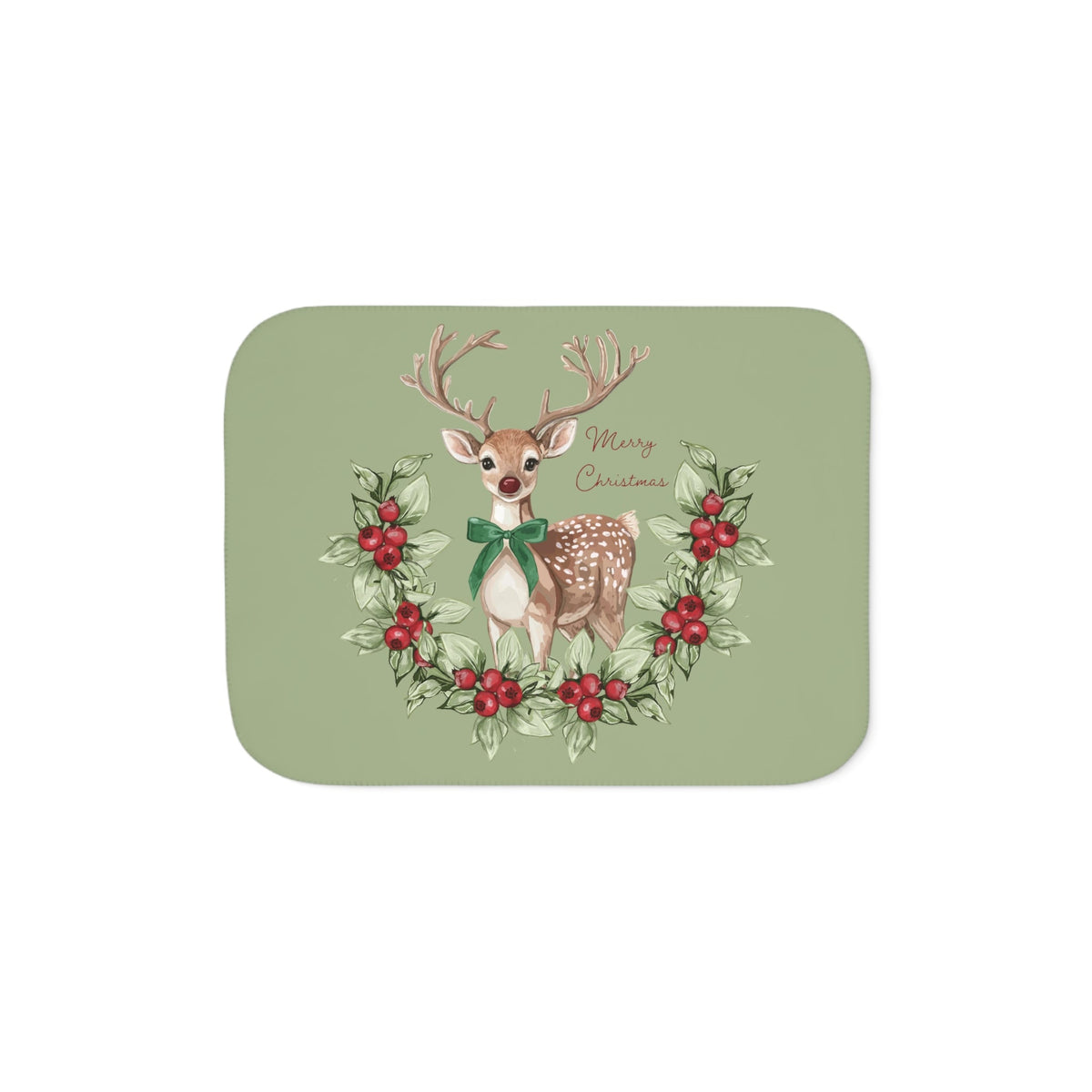 Christmas Reindeer with Holly Wreath Sherpa Blanket - Blue Cava