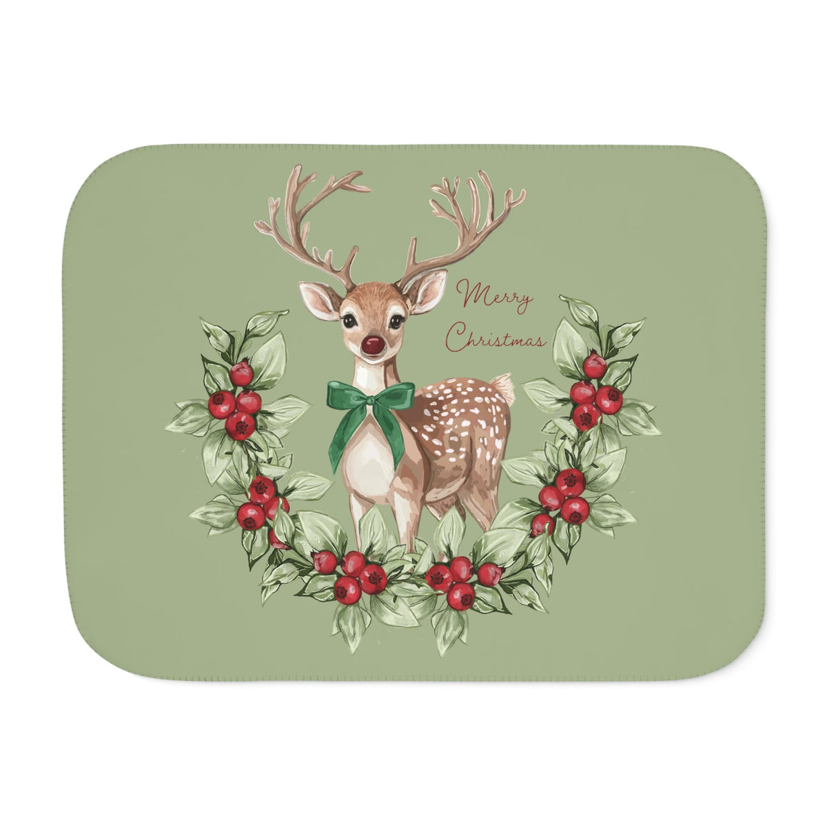 Christmas Reindeer with Holly Wreath Sherpa Blanket - Blue Cava