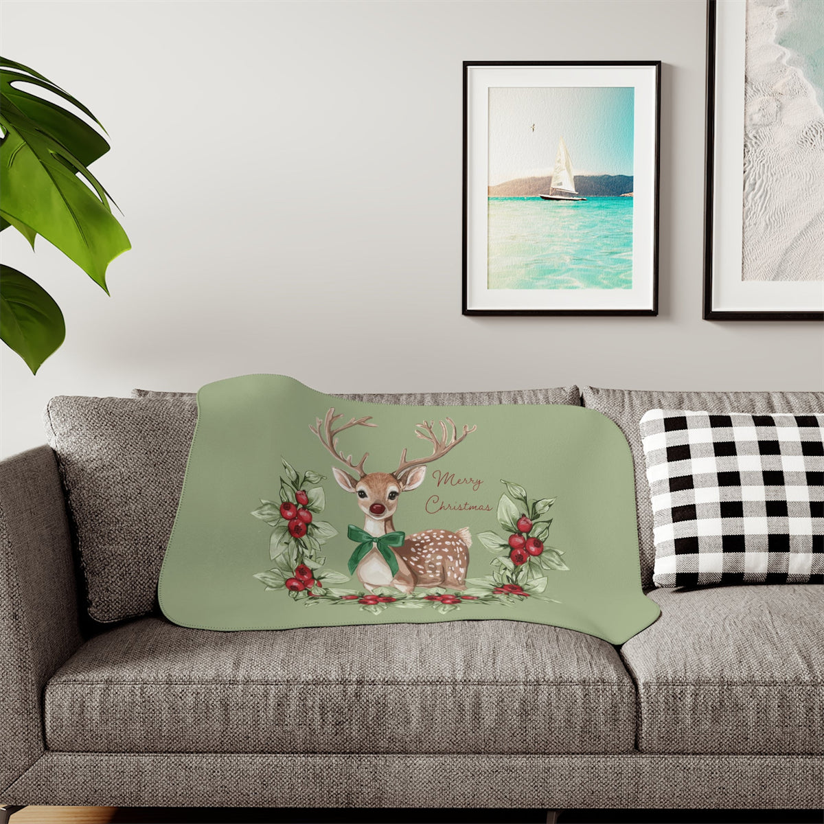 Christmas Reindeer with Holly Wreath Sherpa Blanket - Blue Cava