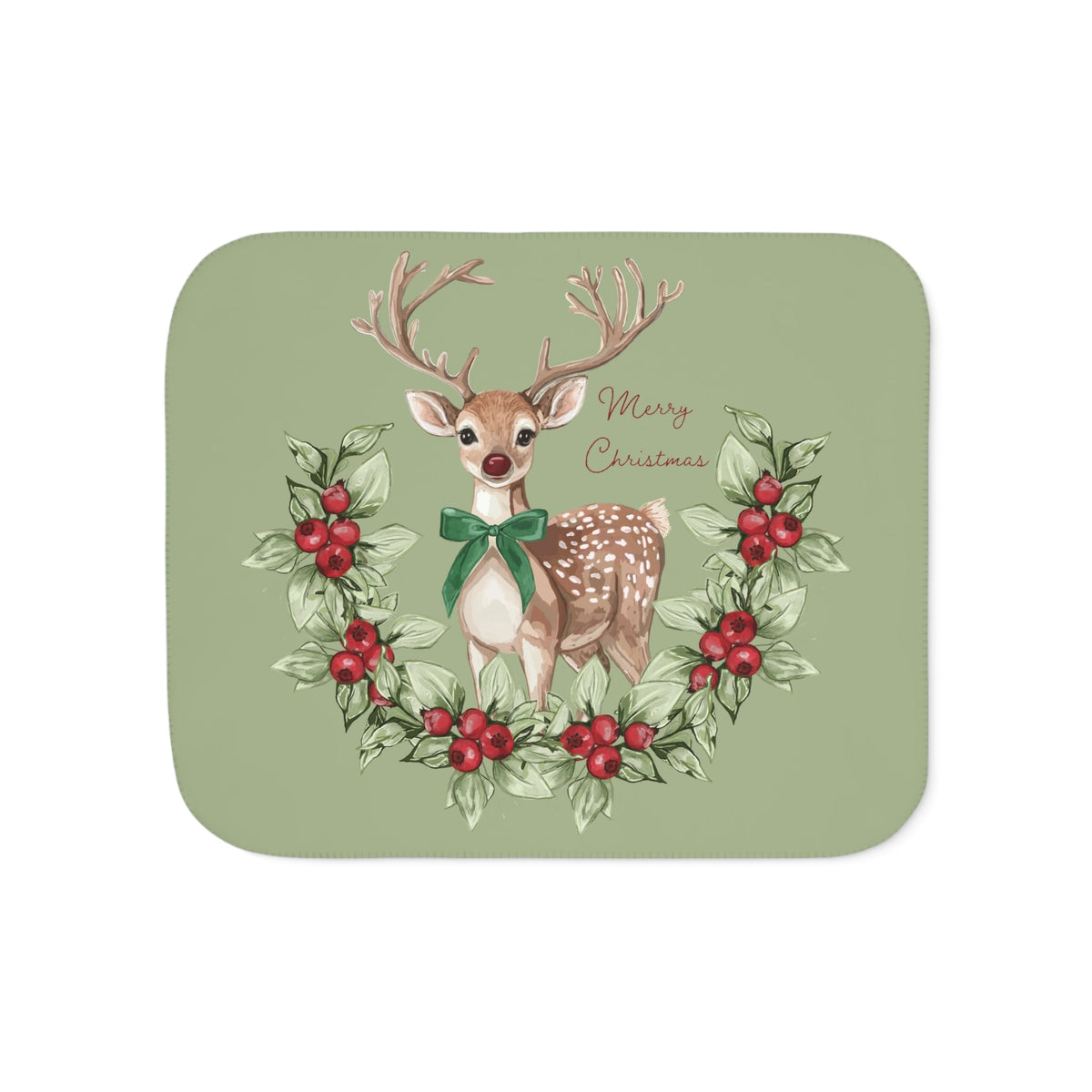 Christmas Reindeer with Holly Wreath Sherpa Blanket - Blue Cava