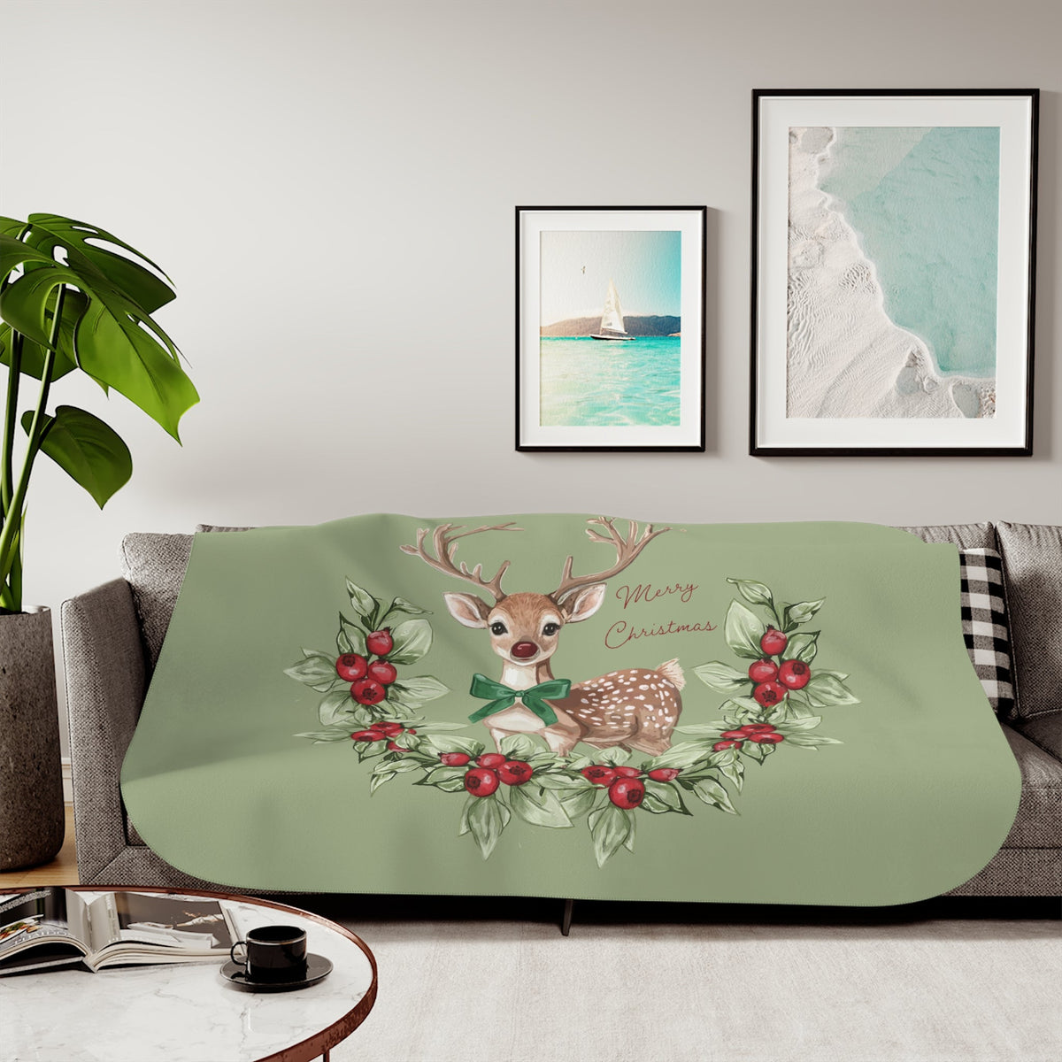 Christmas Reindeer with Holly Wreath Sherpa Blanket - Blue Cava