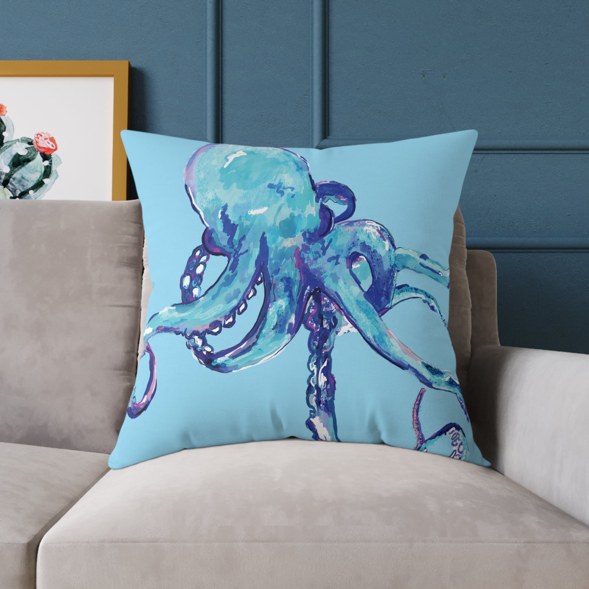 Coastal Blue Octopus Throw Pillow - Nautical Home Decor - Blue Cava