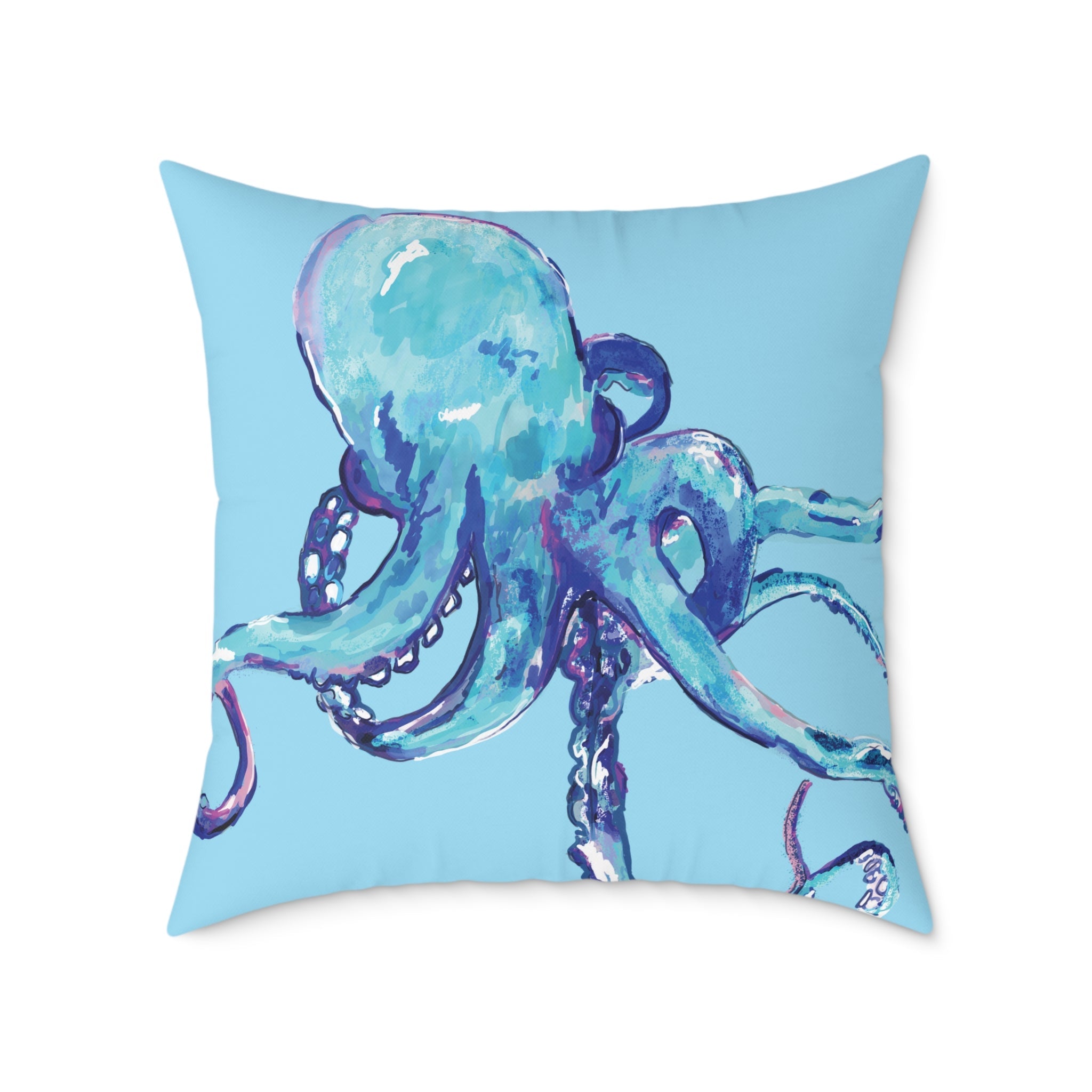 Coastal Blue Octopus Throw Pillow - Nautical Home Decor - Blue Cava