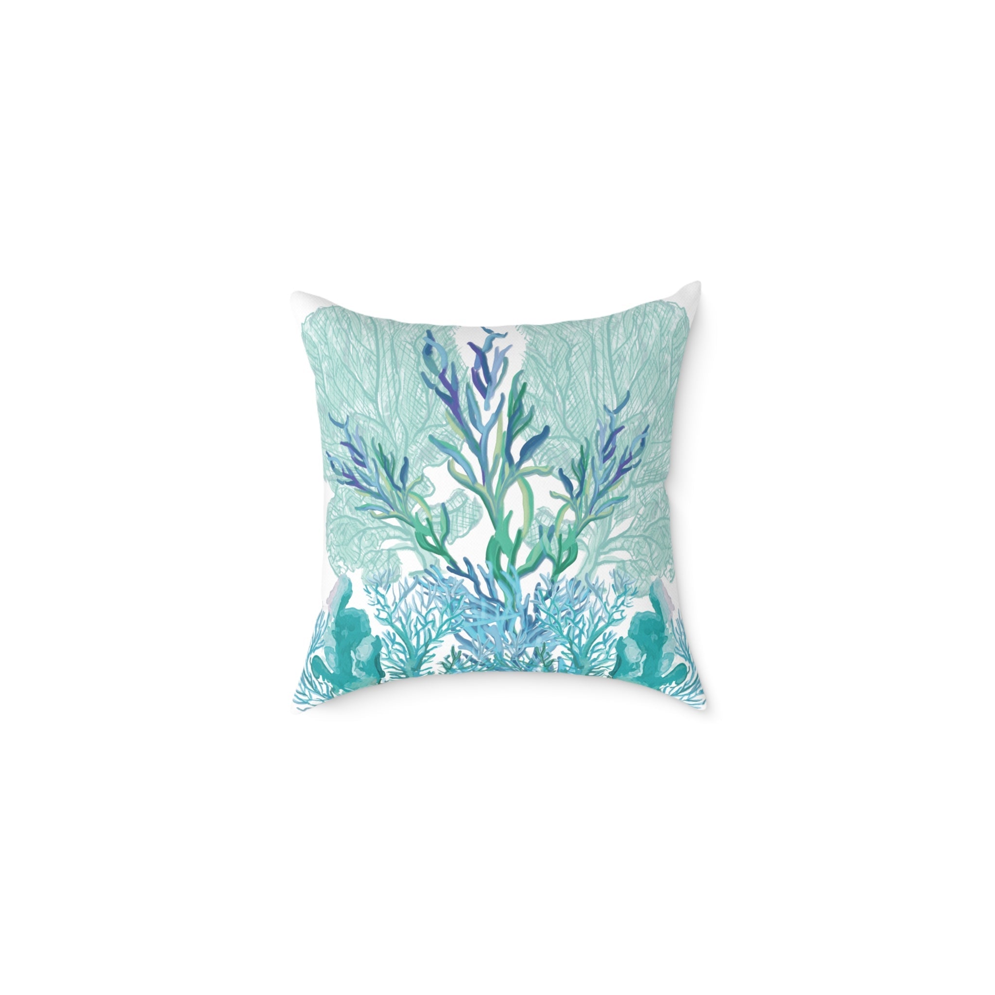 Coastal Coral Pillow - Ocean Inspired Square Poly Canvas Cushion - Blue Cava