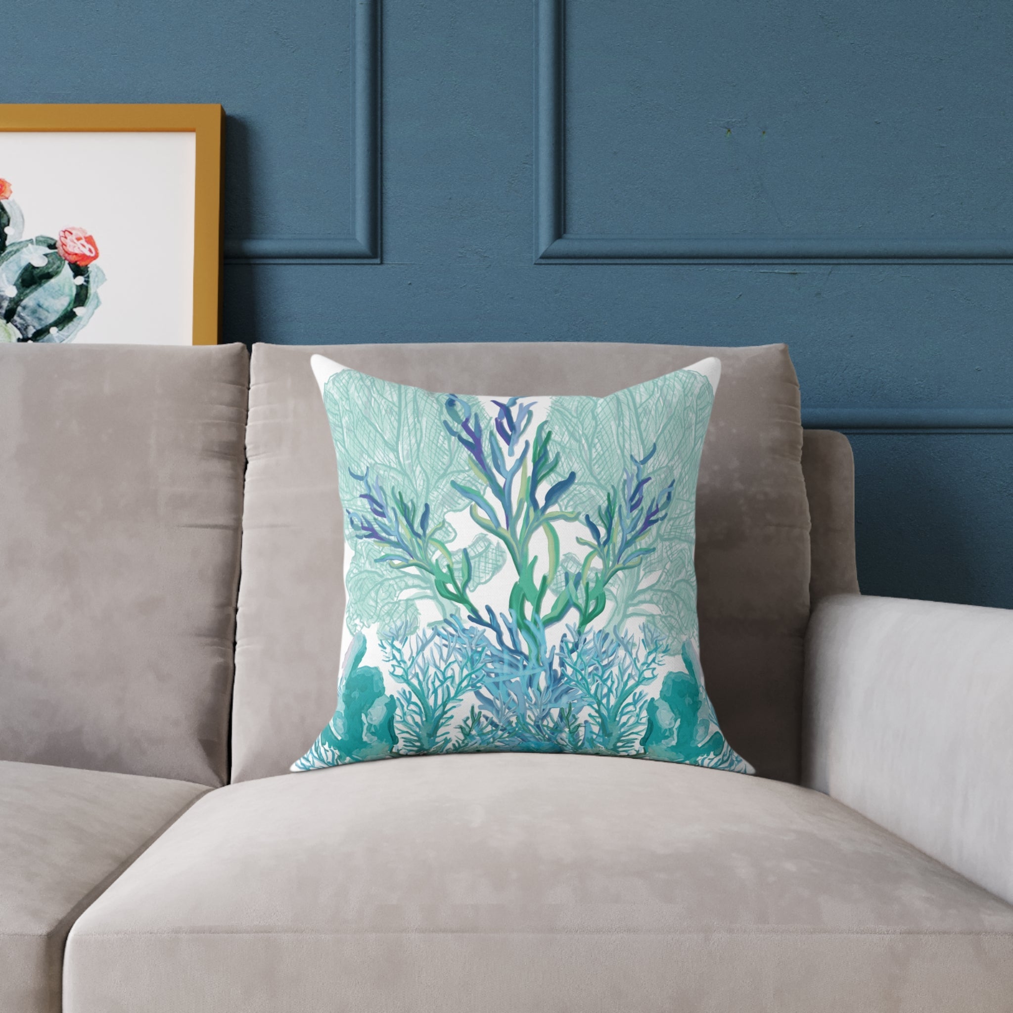 Coastal Coral Pillow - Ocean Inspired Square Poly Canvas Cushion - Blue Cava