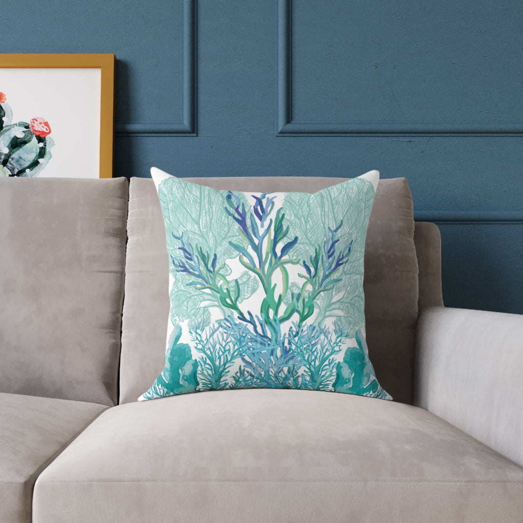 Coastal Coral Pillow - Ocean Inspired Square Poly Canvas Cushion - Blue Cava
