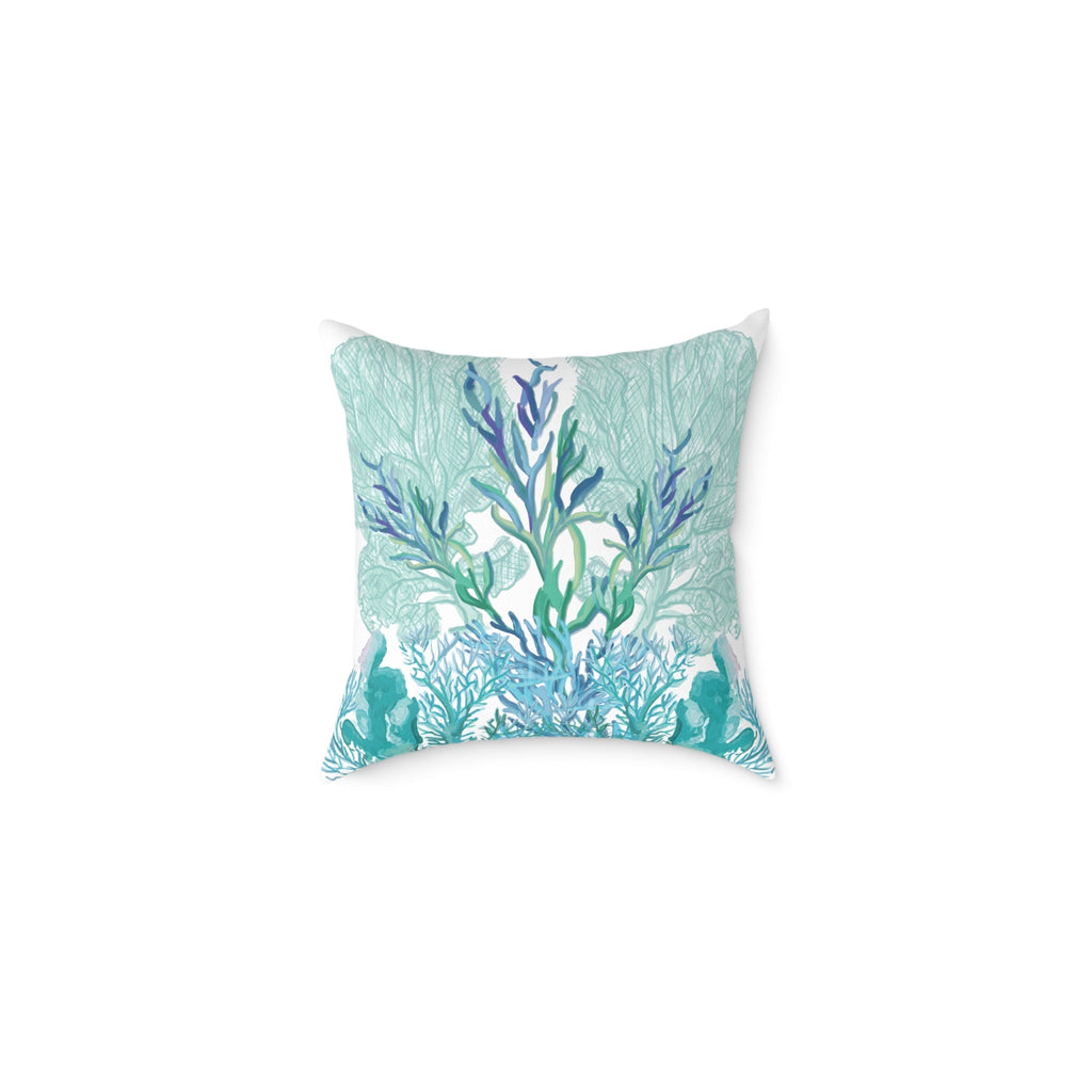 Coastal Coral Pillow - Ocean Inspired Square Poly Canvas Cushion - Blue Cava