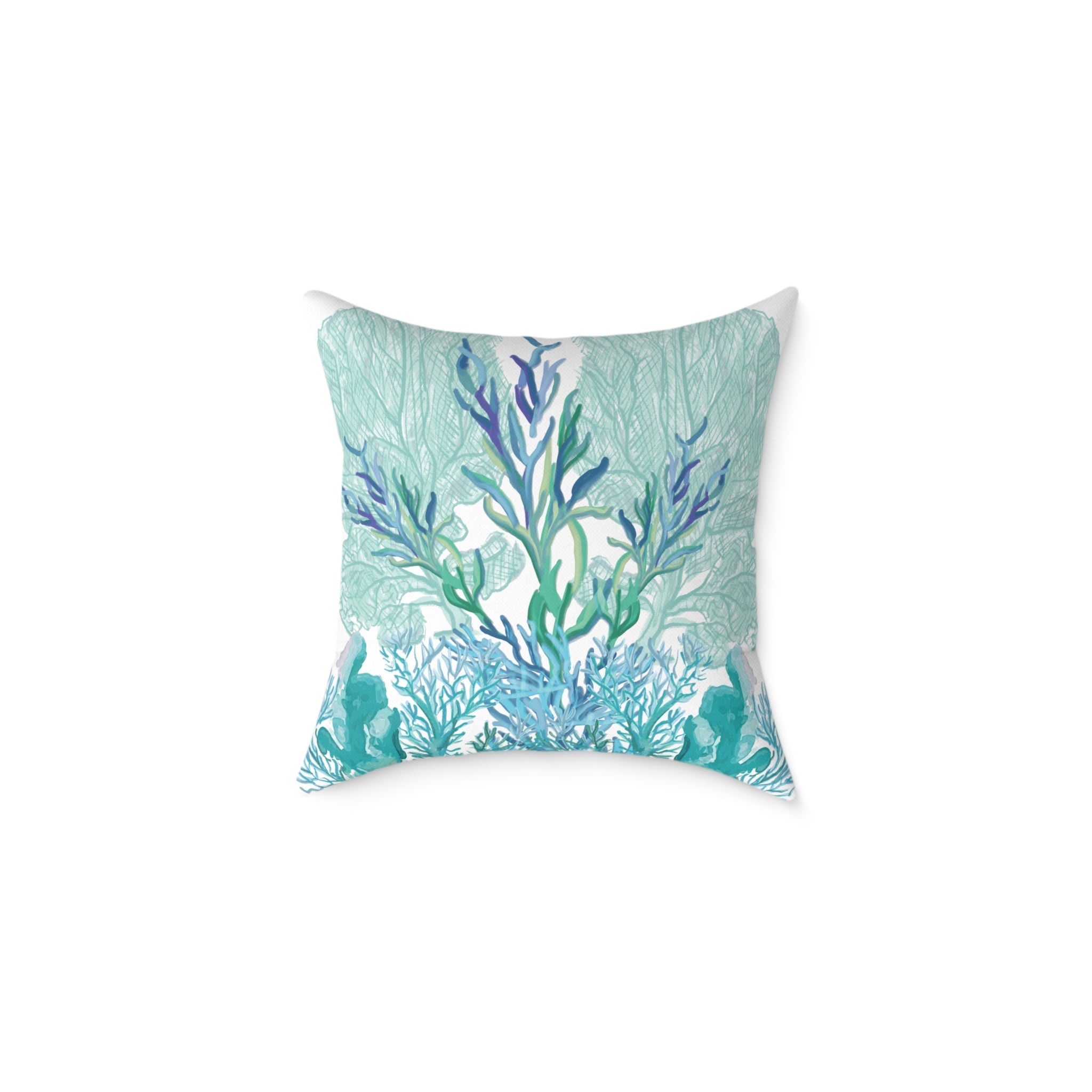 Coastal Coral Pillow - Ocean Inspired Square Poly Canvas Cushion - Blue Cava