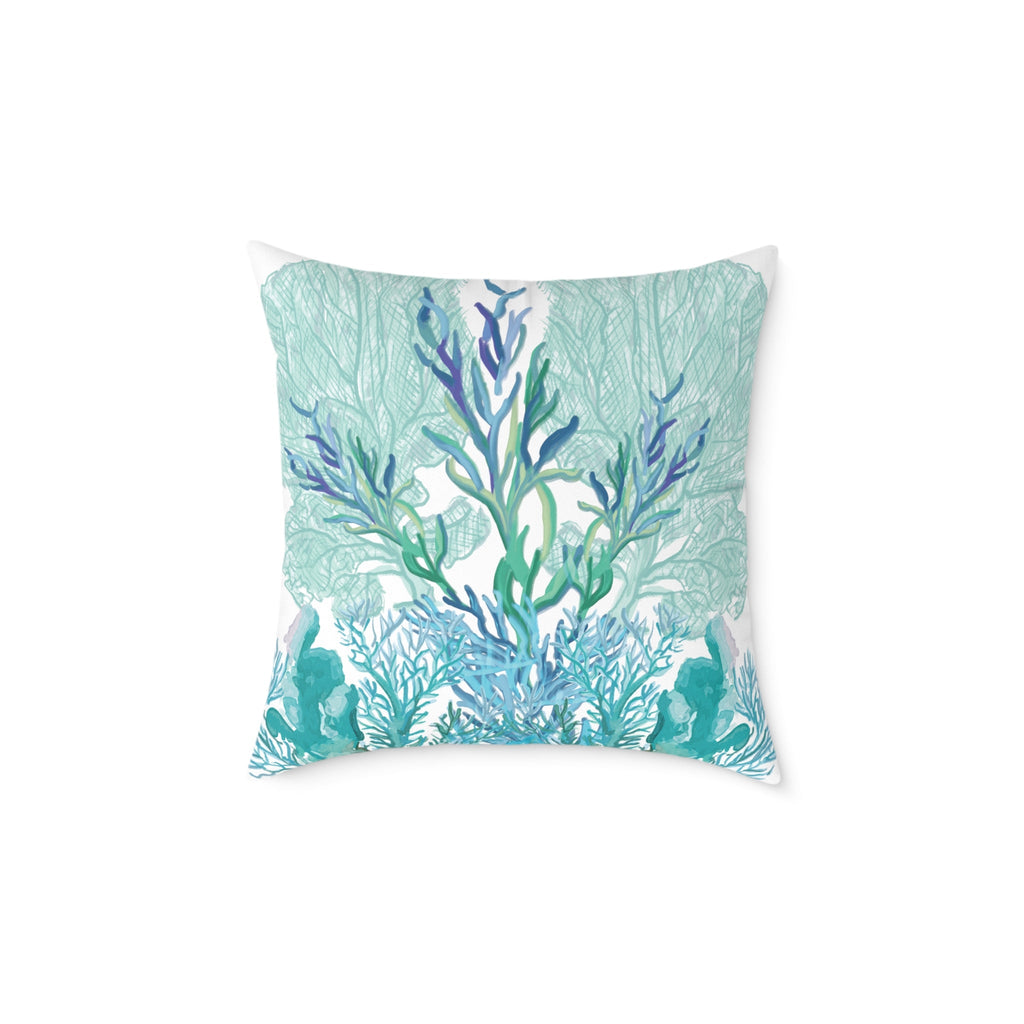Coastal Coral Pillow - Ocean Inspired Square Poly Canvas Cushion - Blue Cava