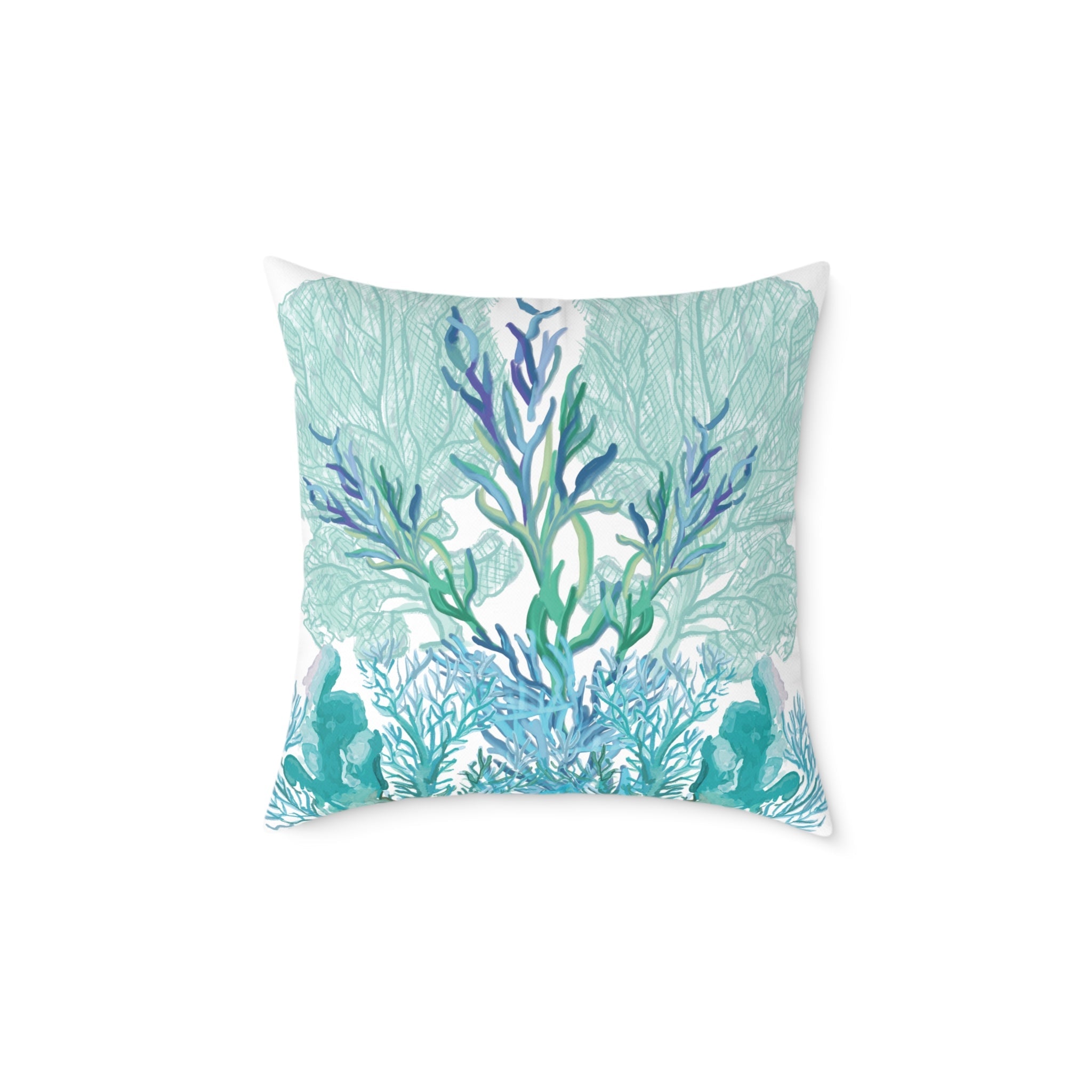 Coastal Coral Pillow - Ocean Inspired Square Poly Canvas Cushion - Blue Cava