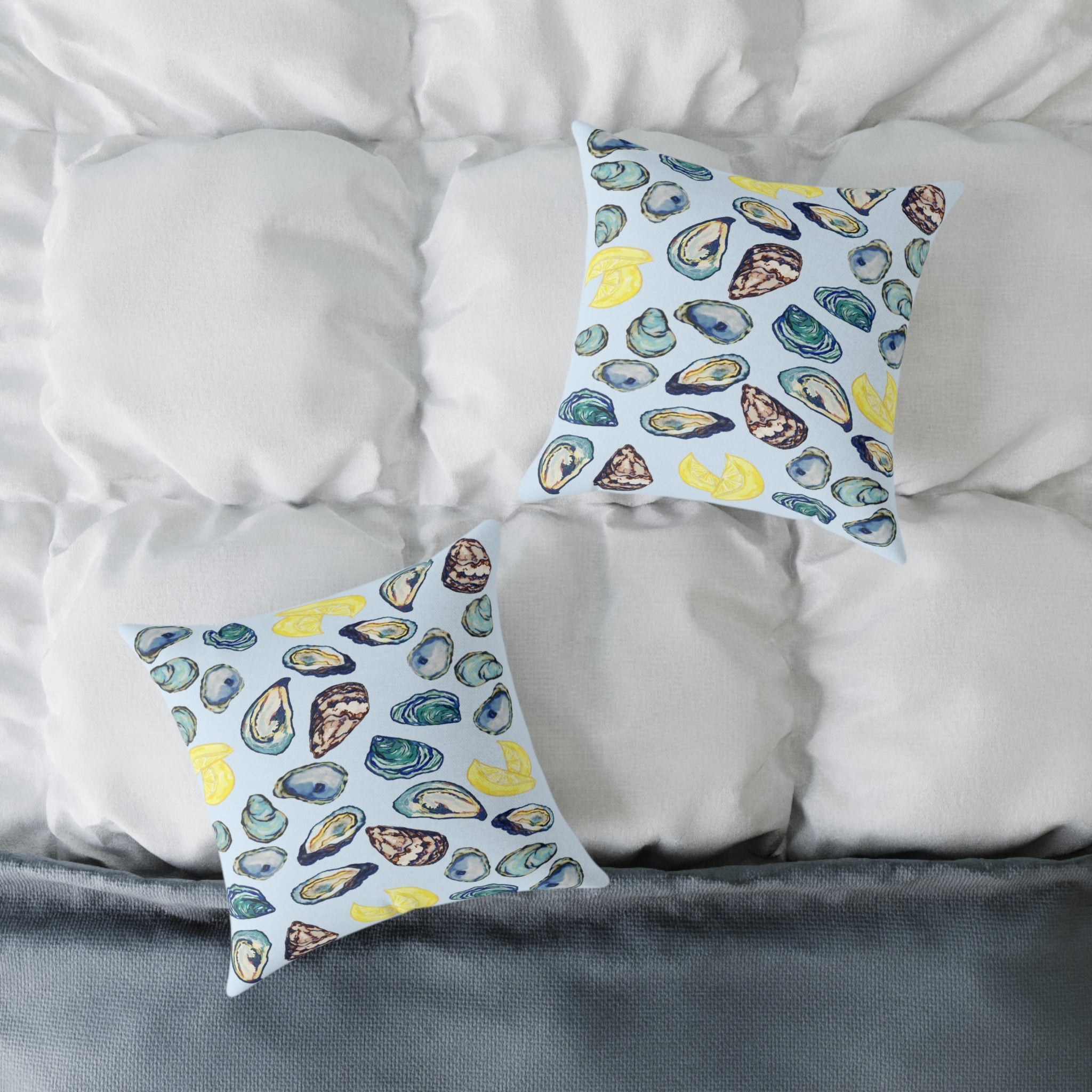 Coastal Oyster Print Pillow - Decorative Square Pillow - Blue Cava