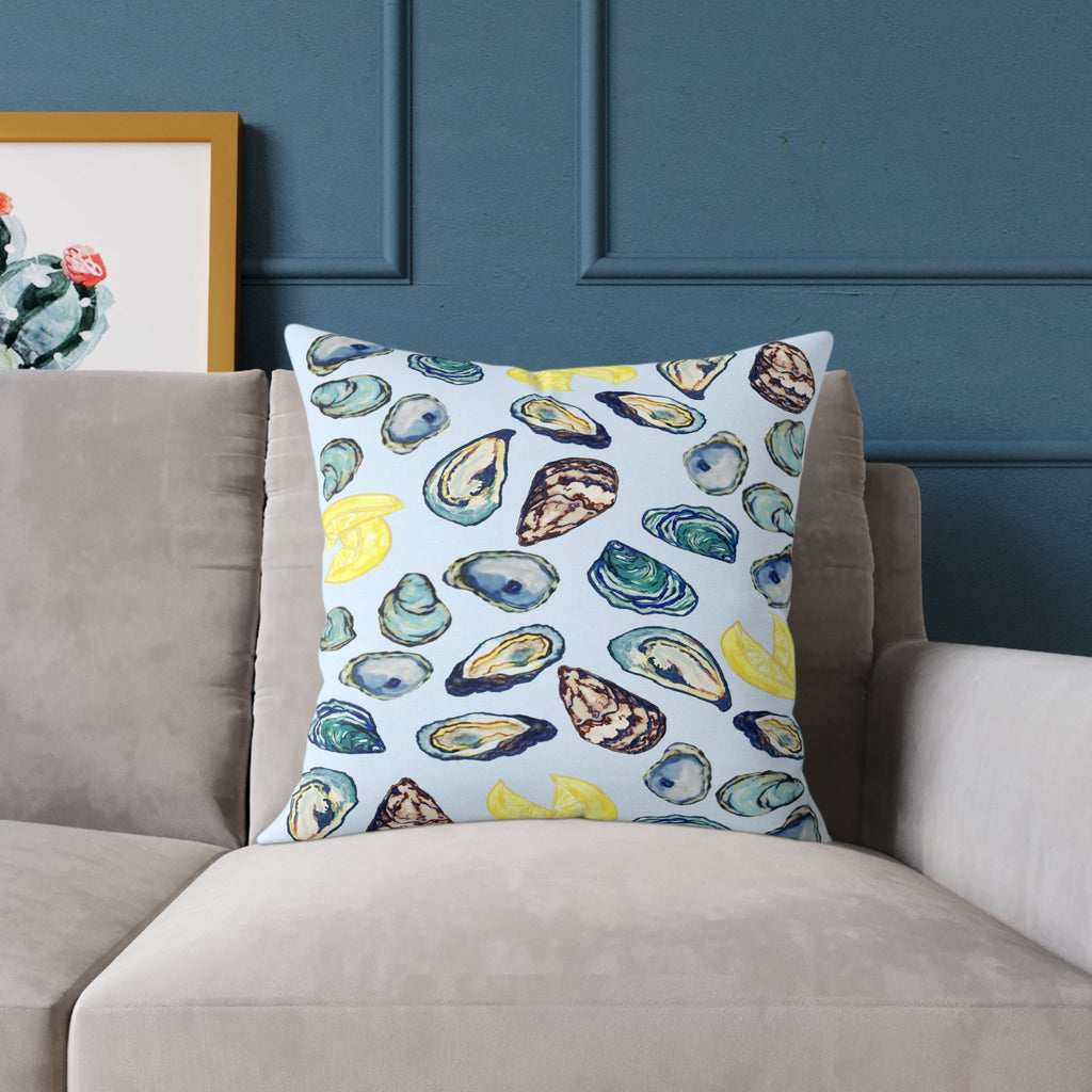 Coastal Oyster Print Pillow - Decorative Square Pillow - Blue Cava