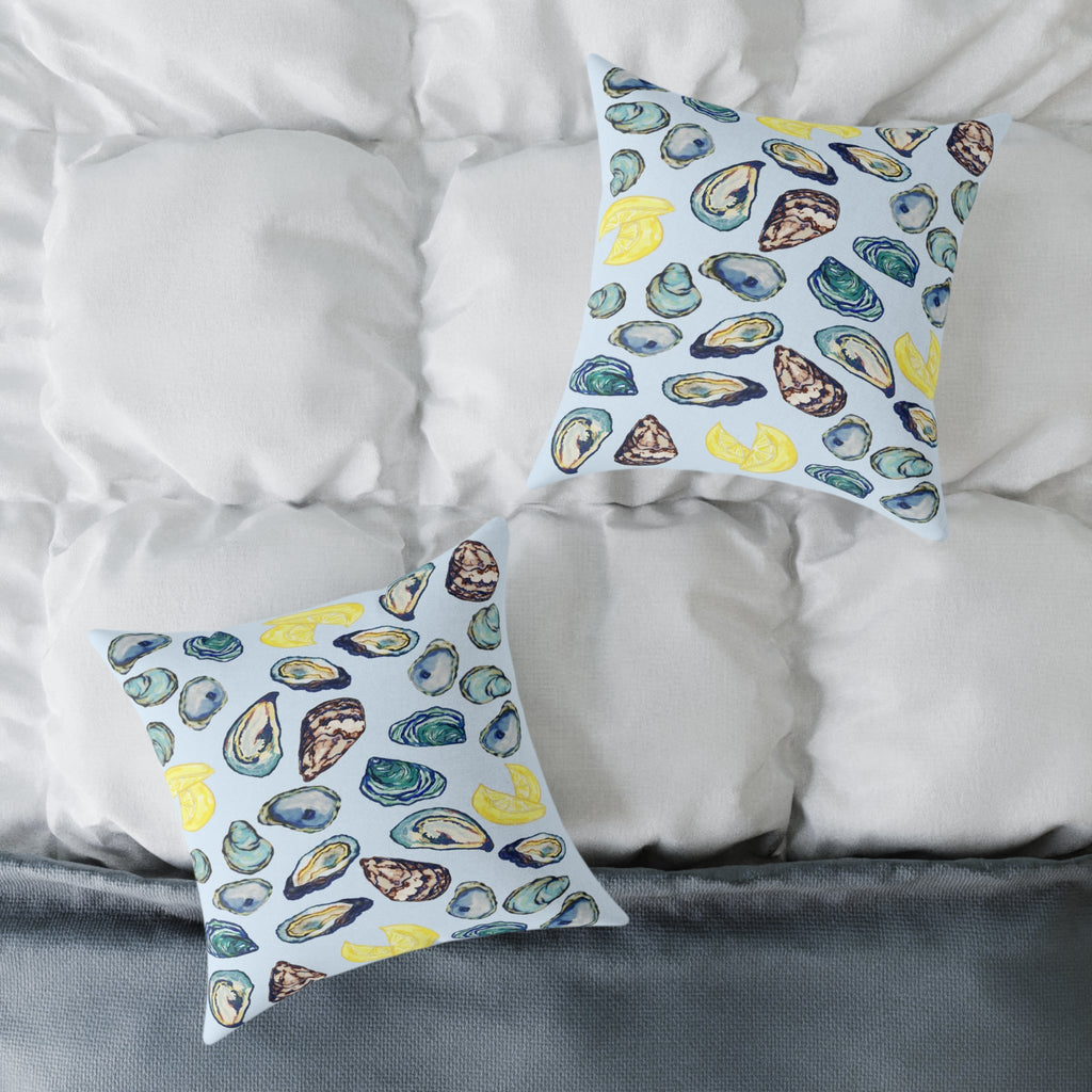 Coastal Oyster Print Pillow - Decorative Square Pillow - Blue Cava