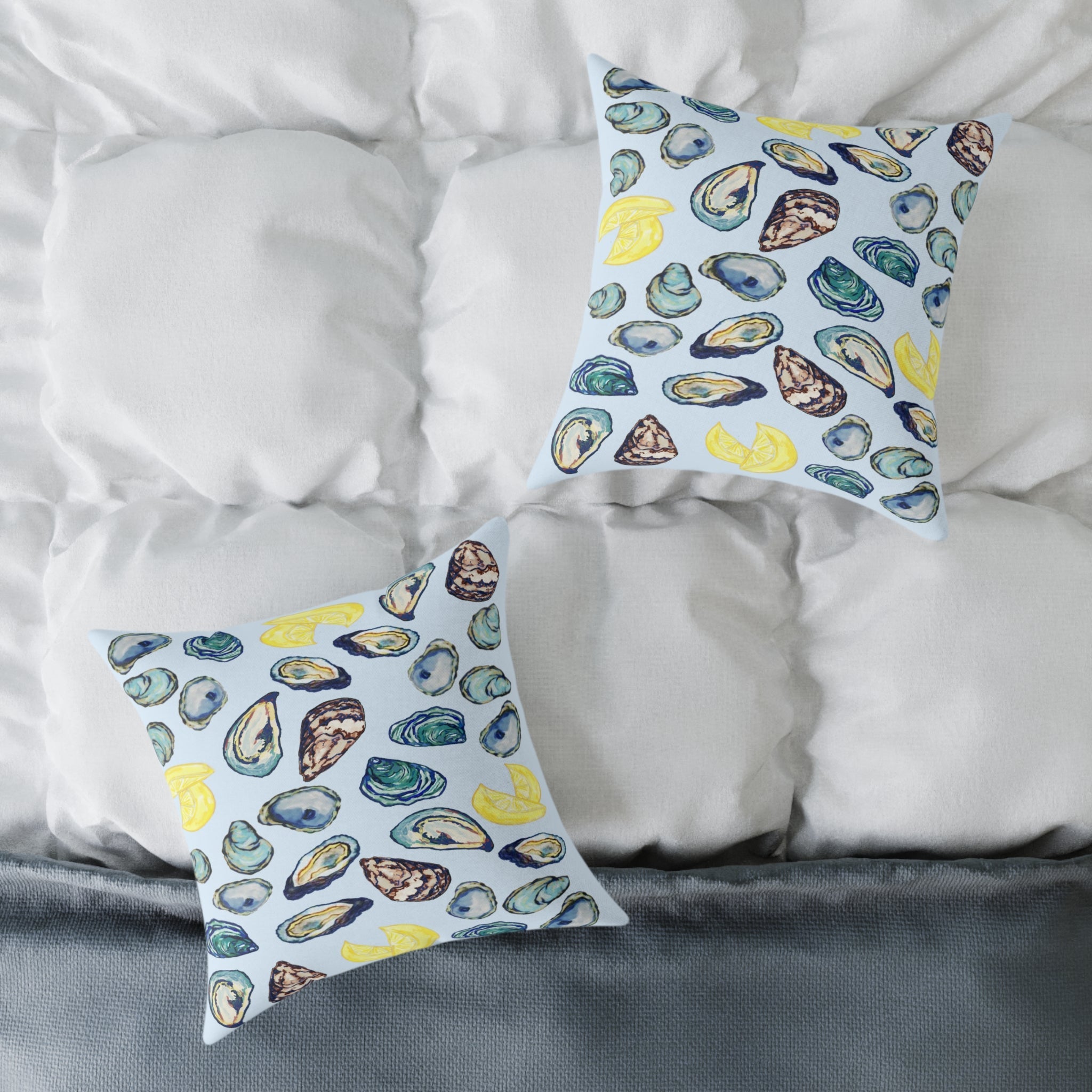 Coastal Oyster Print Pillow - Decorative Square Pillow - Blue Cava
