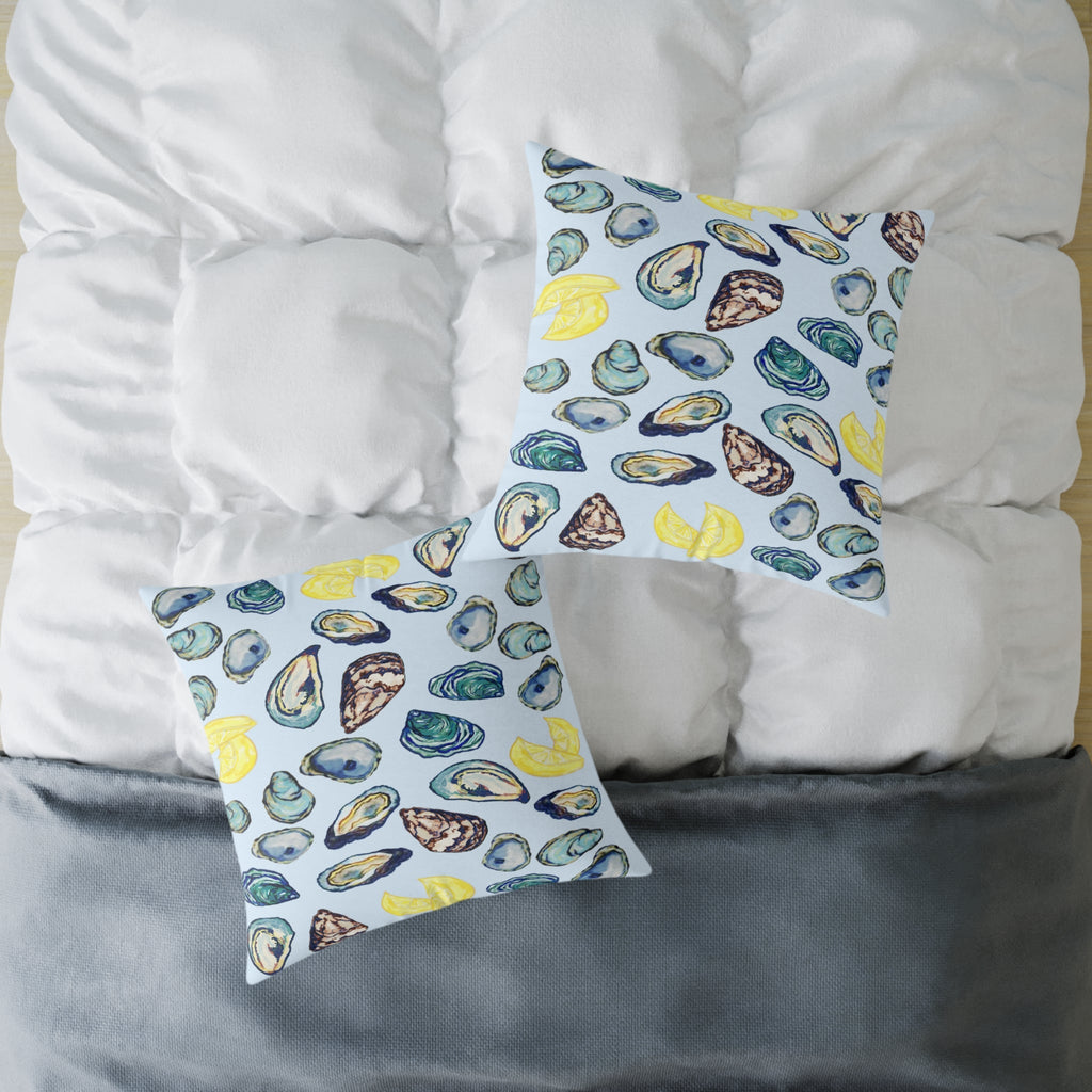 Coastal Oyster Print Pillow - Decorative Square Pillow - Blue Cava