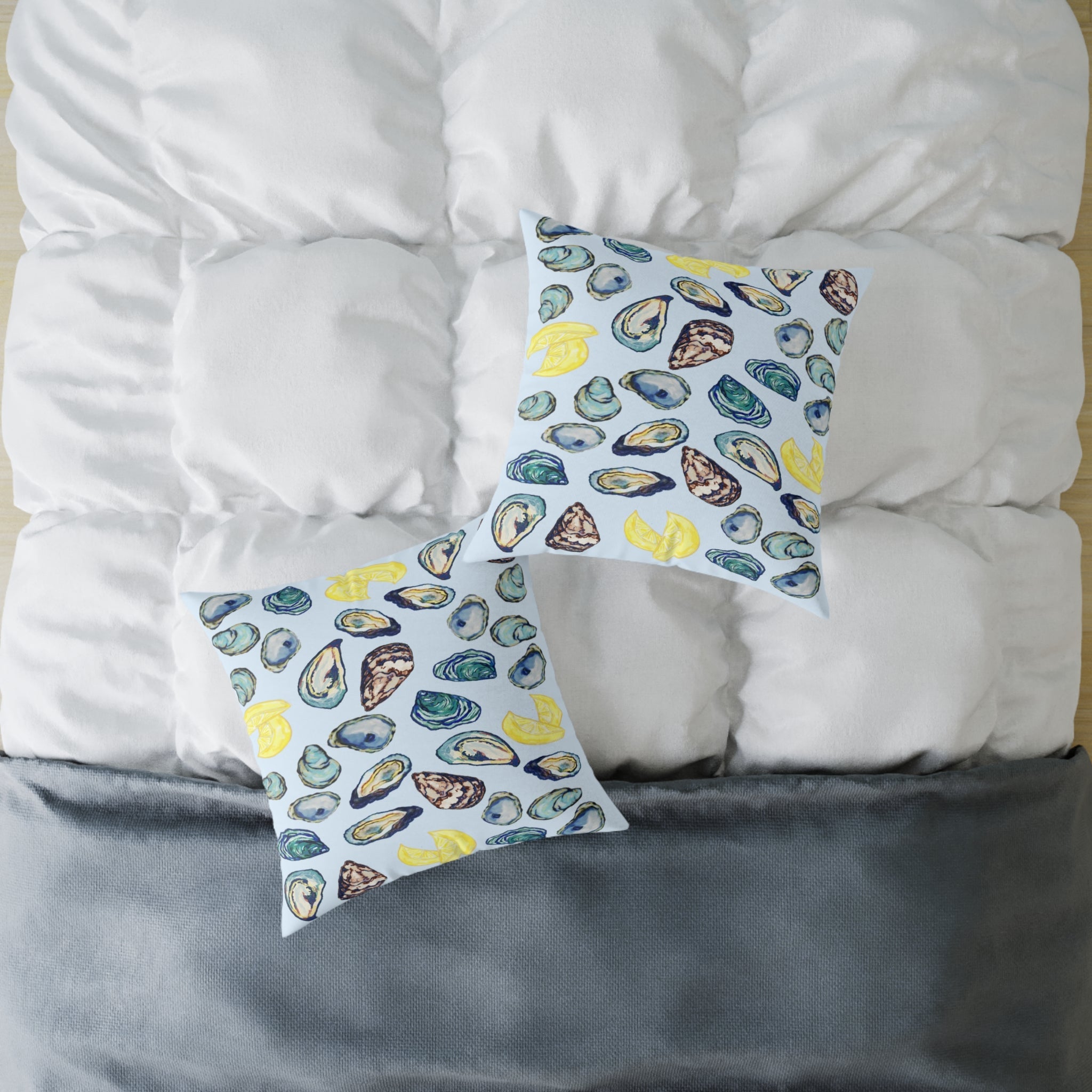 Coastal Oyster Print Pillow - Decorative Square Pillow - Blue Cava