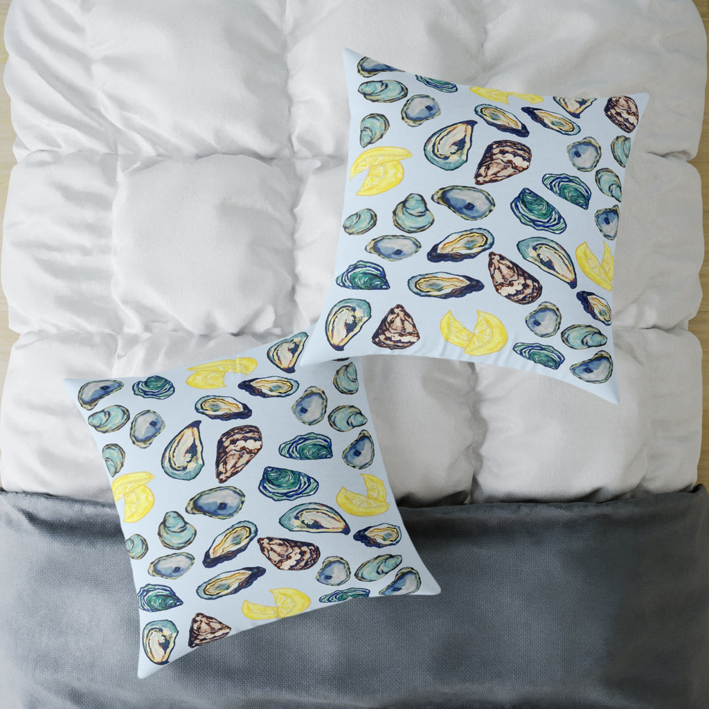Coastal Oyster Print Pillow - Decorative Square Pillow - Blue Cava
