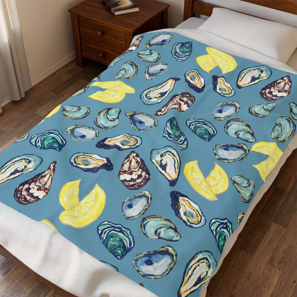 Coastal Oyster Velveteen Plush Blanket - Home Decor, Available in 30 x 40, 50 x 60 or 60 x 80 - Blue Cava