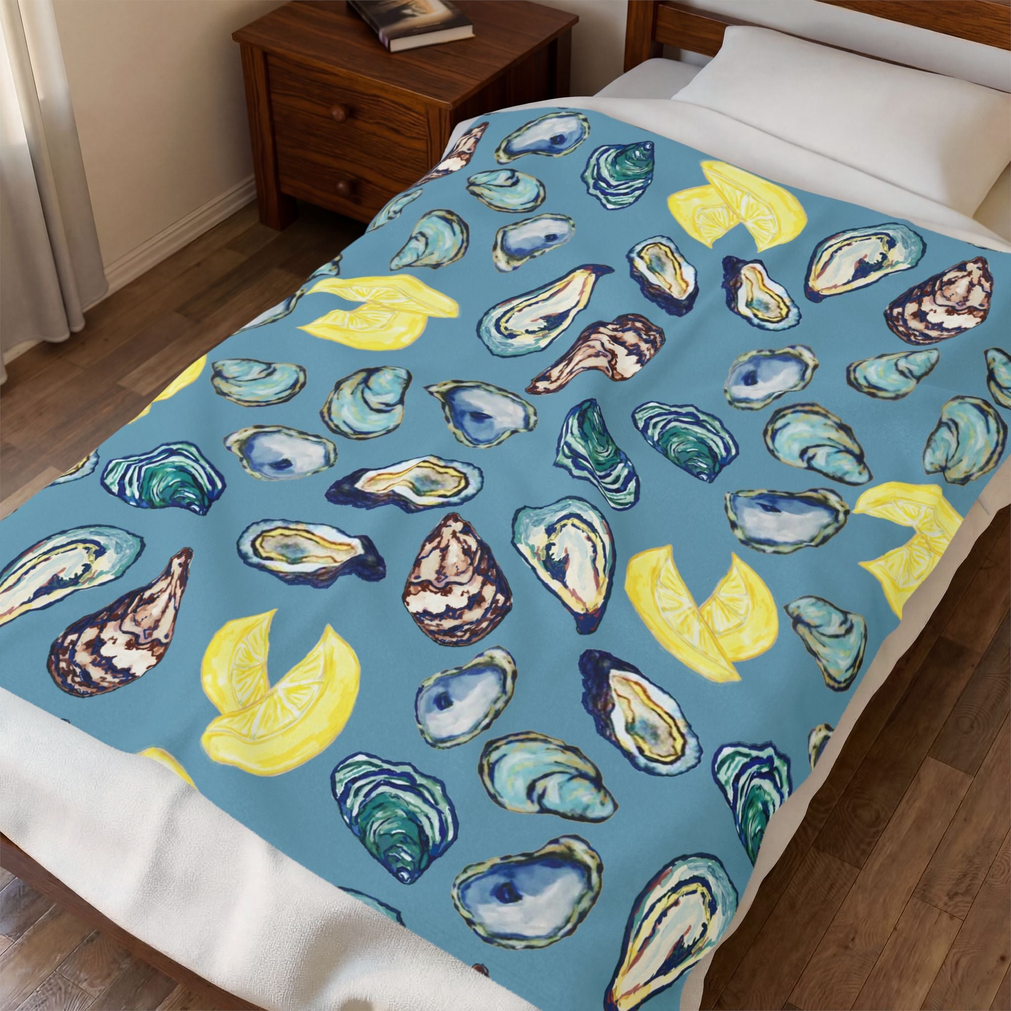 Coastal Oyster Velveteen Plush Blanket - Home Decor, Available in 30 x 40, 50 x 60 or 60 x 80 - Blue Cava