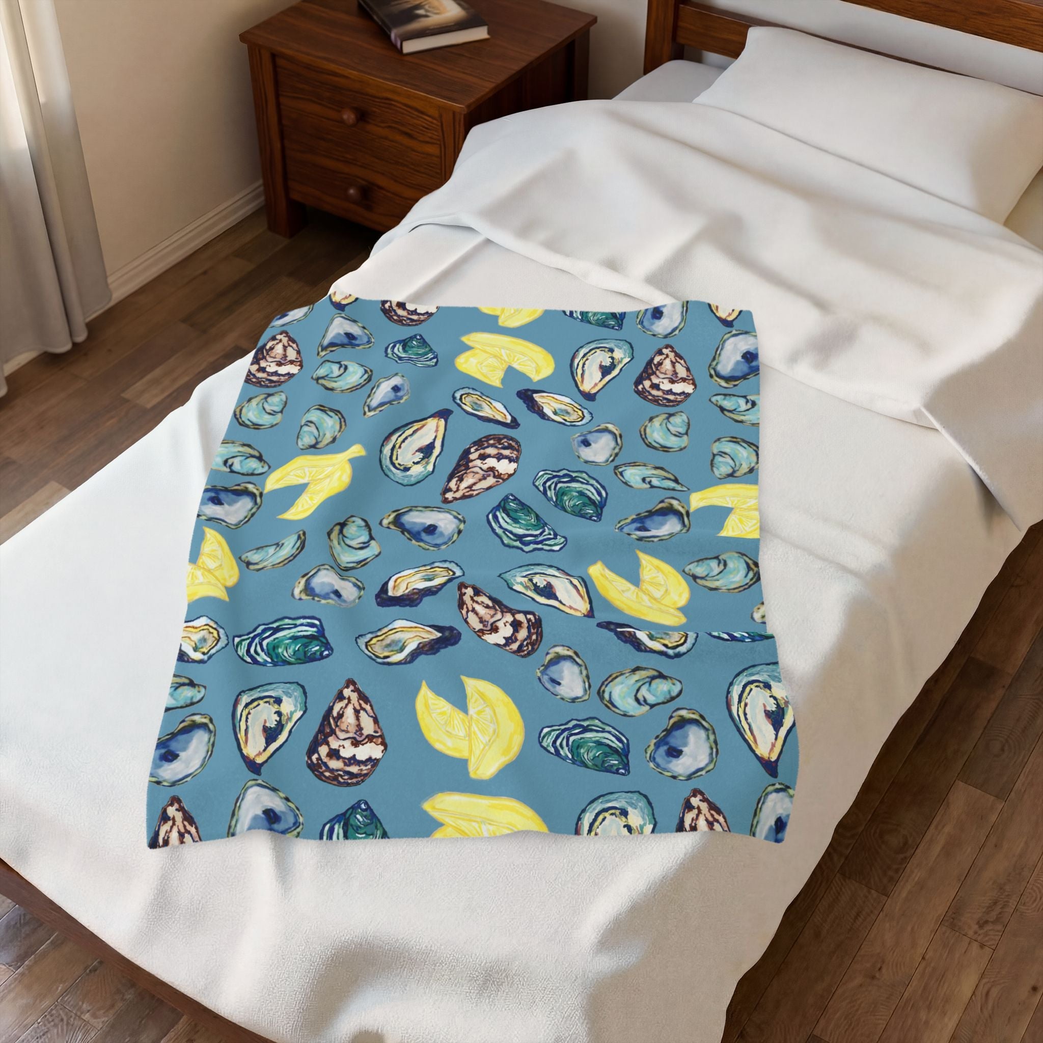 Coastal Oyster Velveteen Plush Blanket - Home Decor, Available in 30 x 40, 50 x 60 or 60 x 80 - Blue Cava
