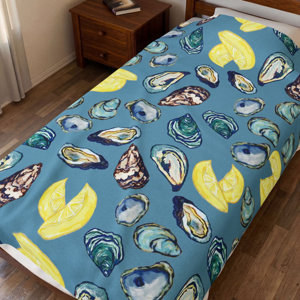 Coastal Oyster Velveteen Plush Blanket - Home Decor, Available in 30 x 40, 50 x 60 or 60 x 80 - Blue Cava
