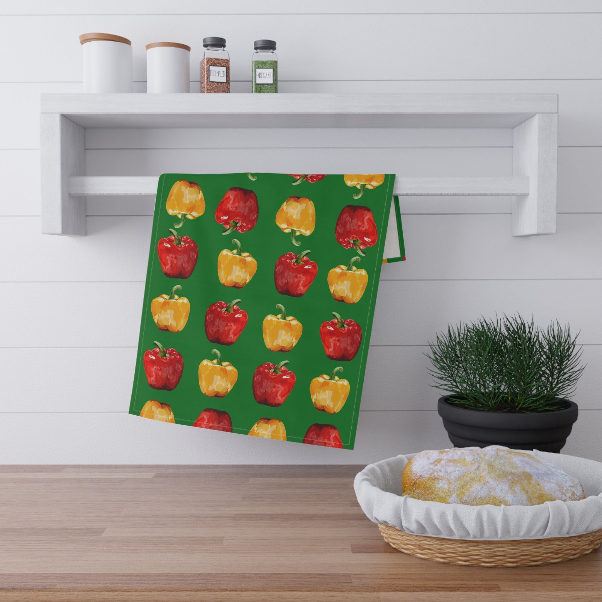 Green Yellow and red, Colorful Bell Pepper Linen Kitchen Tea Towels 18 x 30 available in cotton twill or polyester -Blue Cava