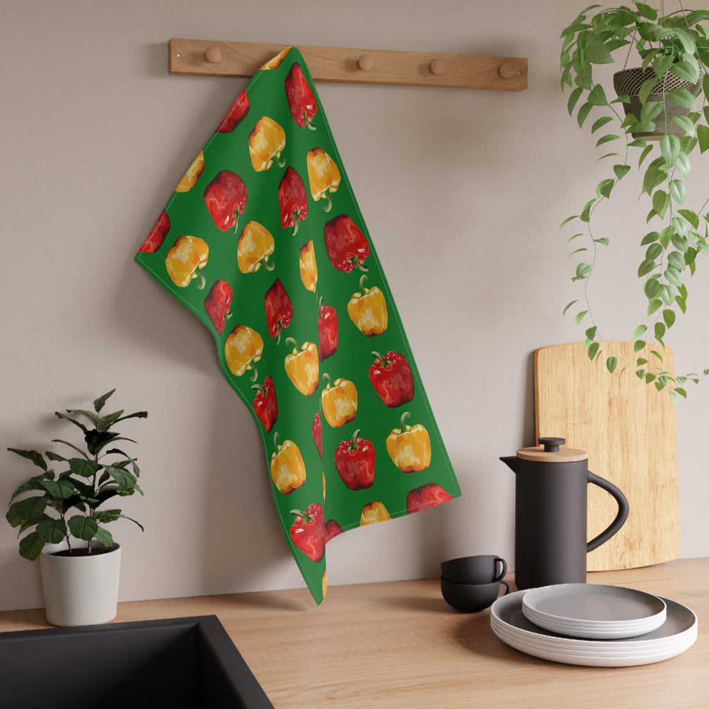 Green Yellow and red, Colorful Bell Pepper Linen Kitchen Tea Towels 18 x 30 available in cotton twill or polyester -Blue Cava