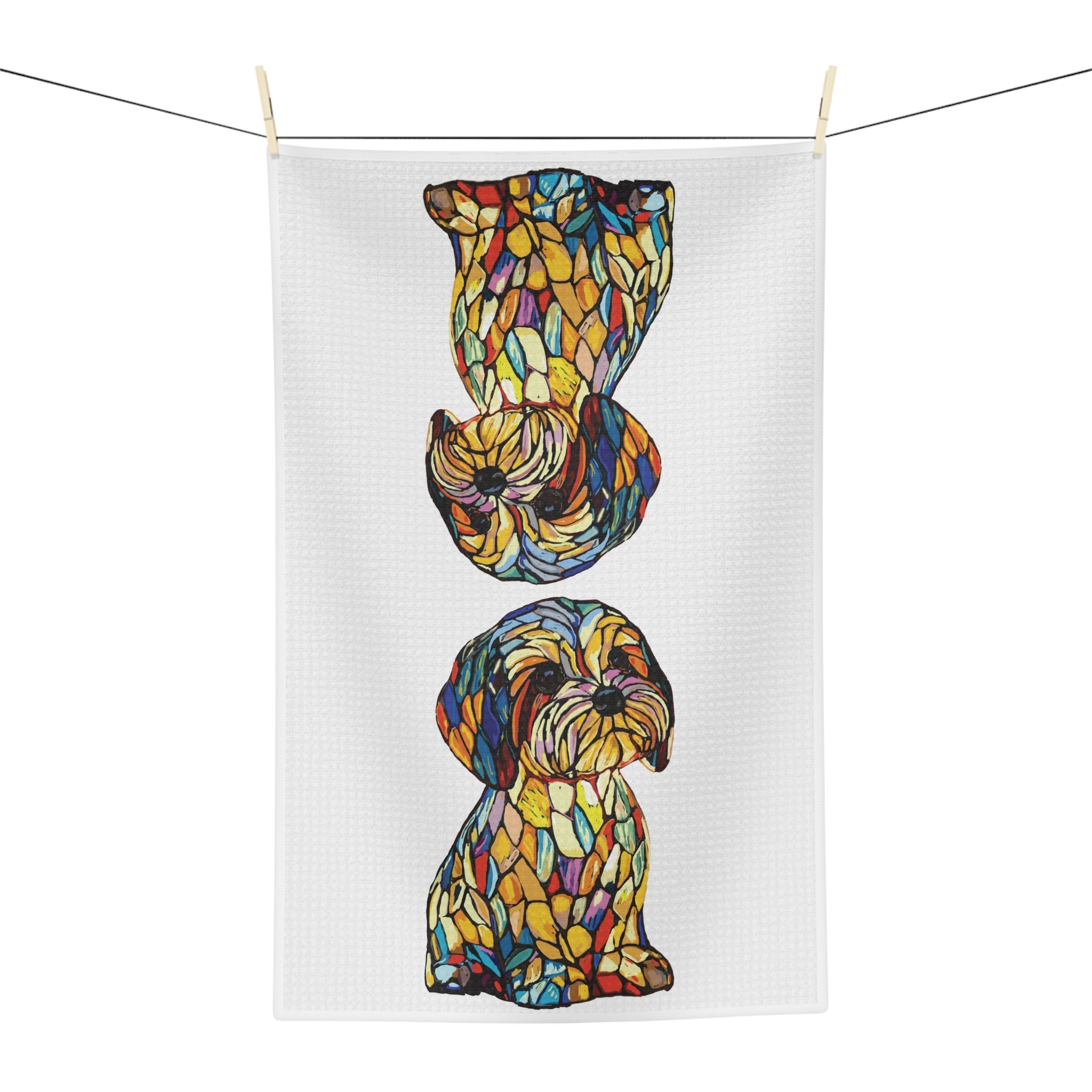 Colorful Dog - Themed Microfiber Waffle Kitchen Towel - Blue Cava