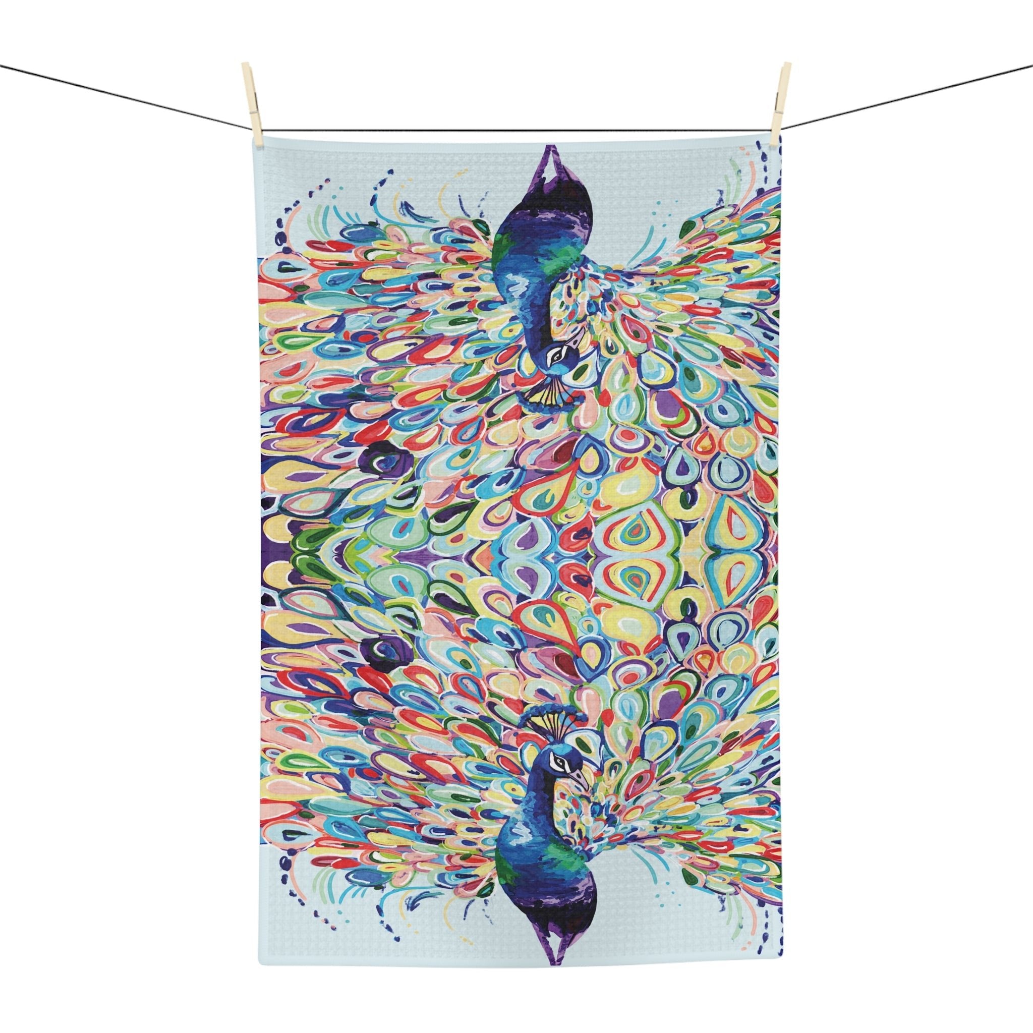 Colorful Peacock Microfiber Waffle Kitchen Towel - Blue Cava