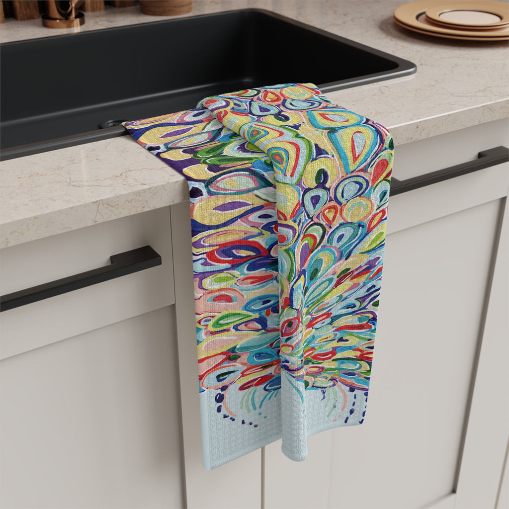 Colorful Peacock Microfiber Waffle Kitchen Towel - Blue Cava