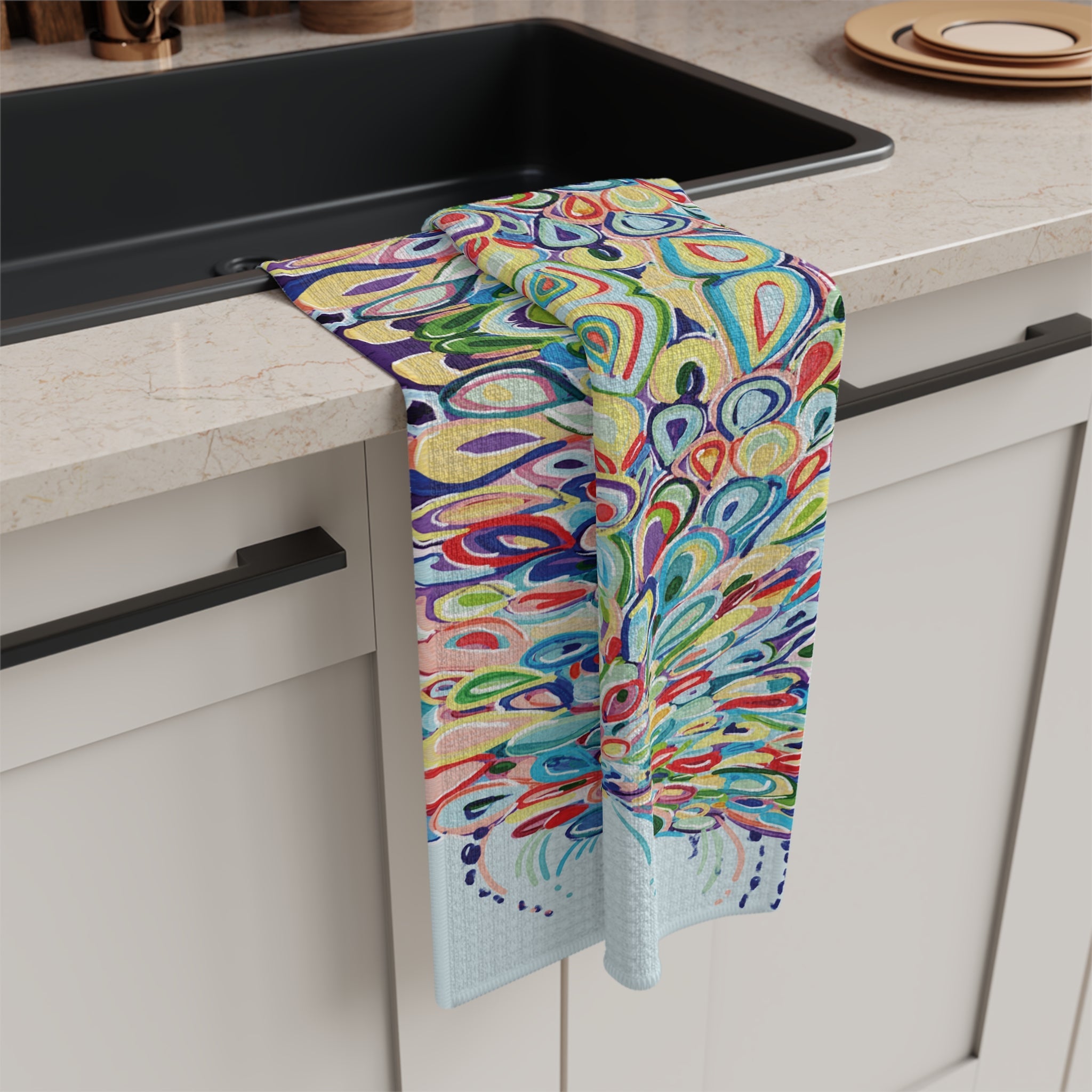 Colorful Peacock Microfiber Waffle Kitchen Towel - Blue Cava