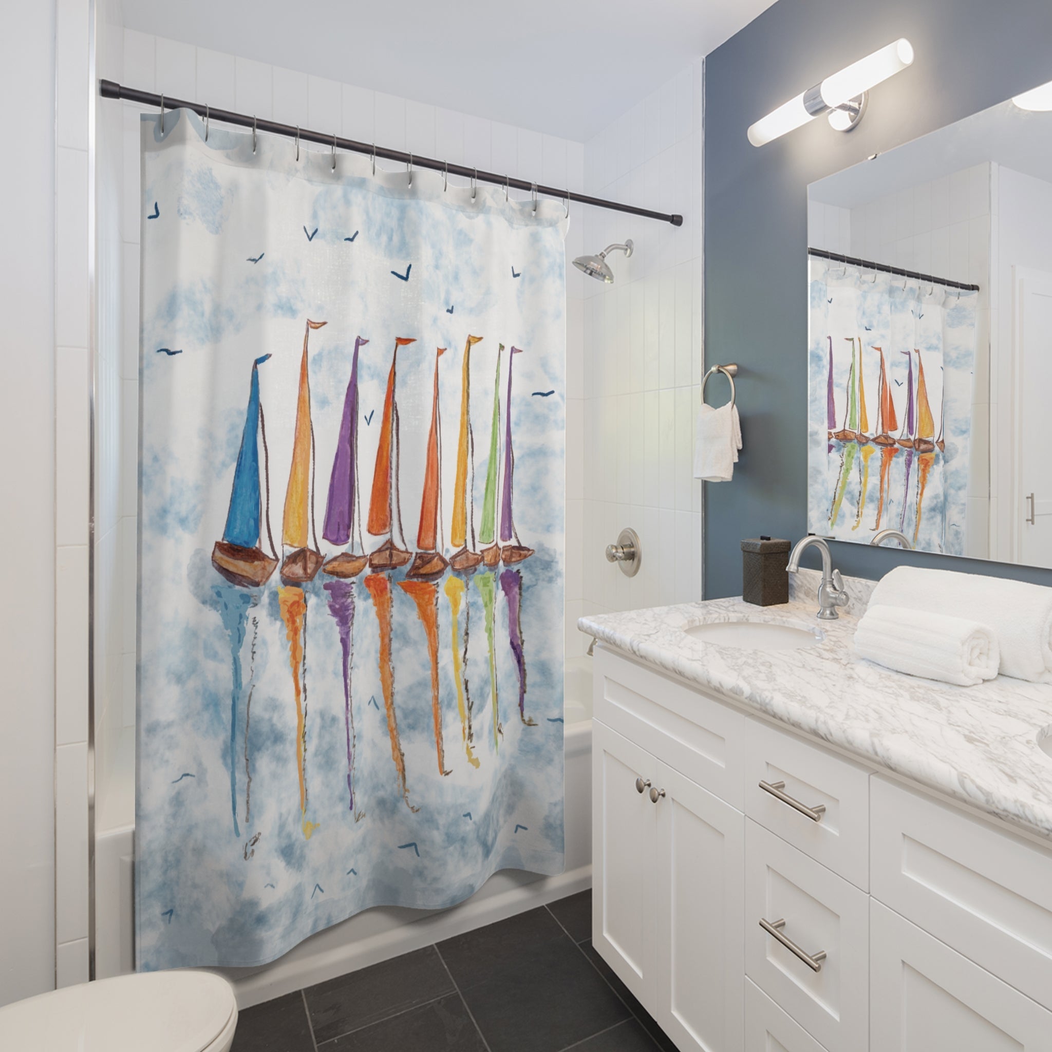 Colorful Sailboat Shower Curtain - Nautical Decor for Beach Lovers - Blue Cava