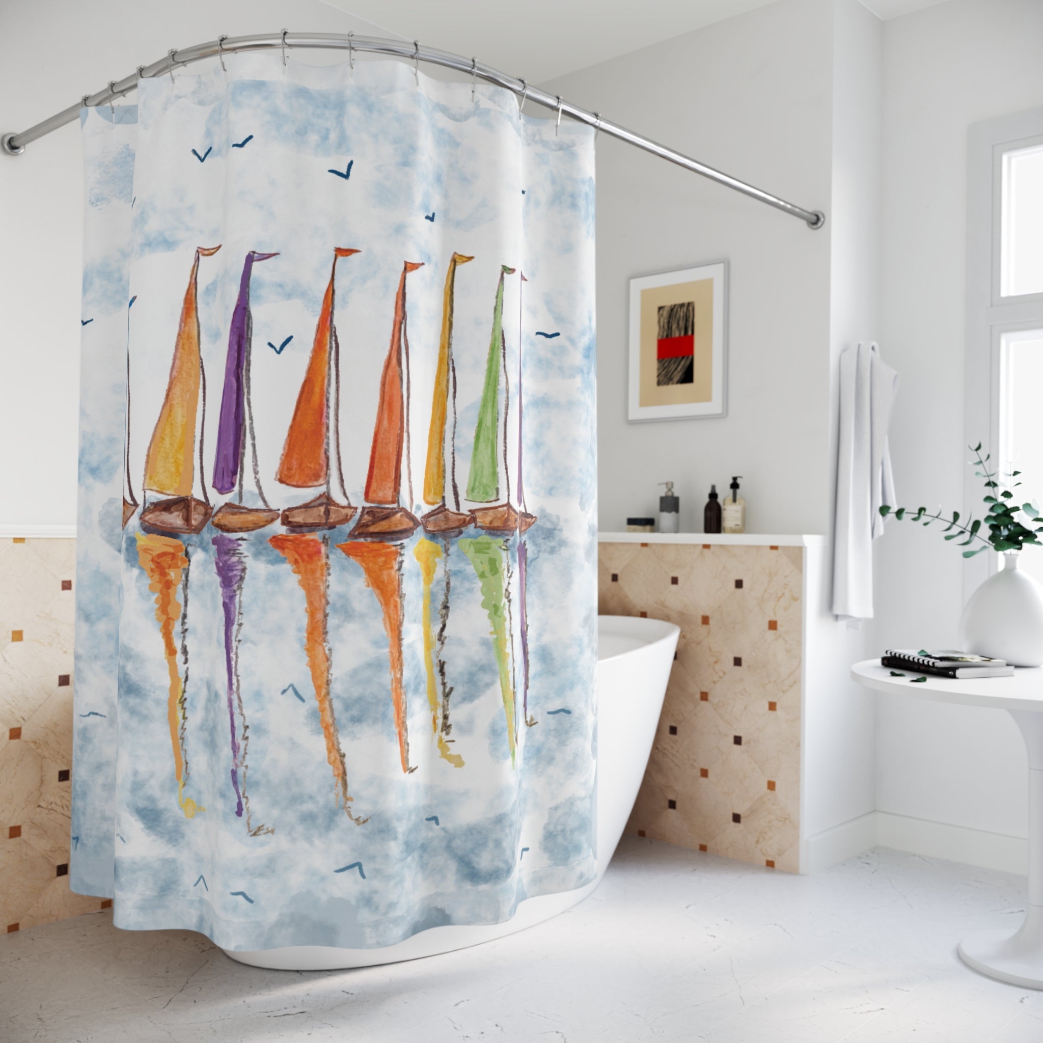 Colorful Sailboat Shower Curtain - Nautical Decor for Beach Lovers - Blue Cava