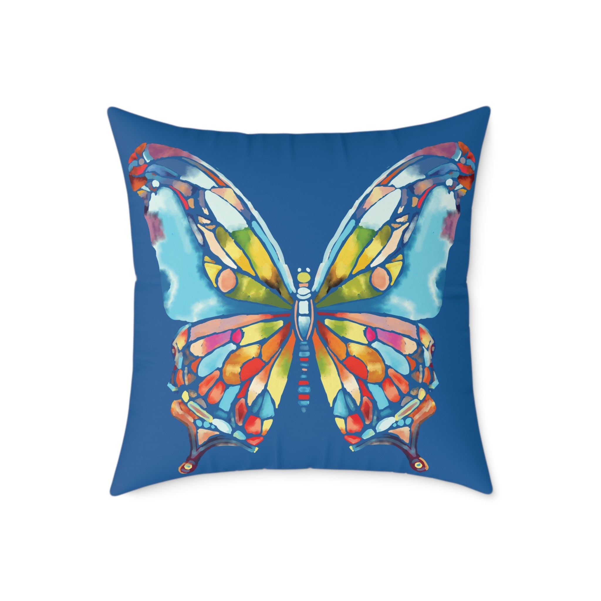 Colorful Stained - Glass Butterfly Pillow — Blue Decorative Throw Cushion - Blue Cava